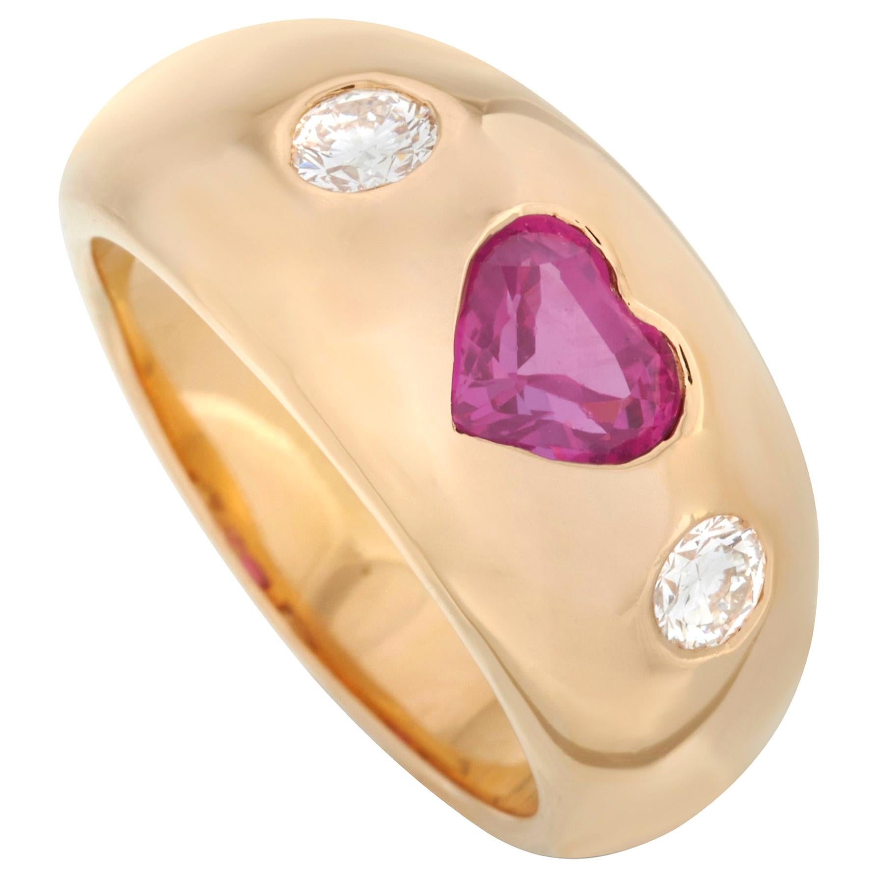 Bvlgari 18 Karat Yellow Gold 0.25 Carat Diamond and Ruby Heart Ring