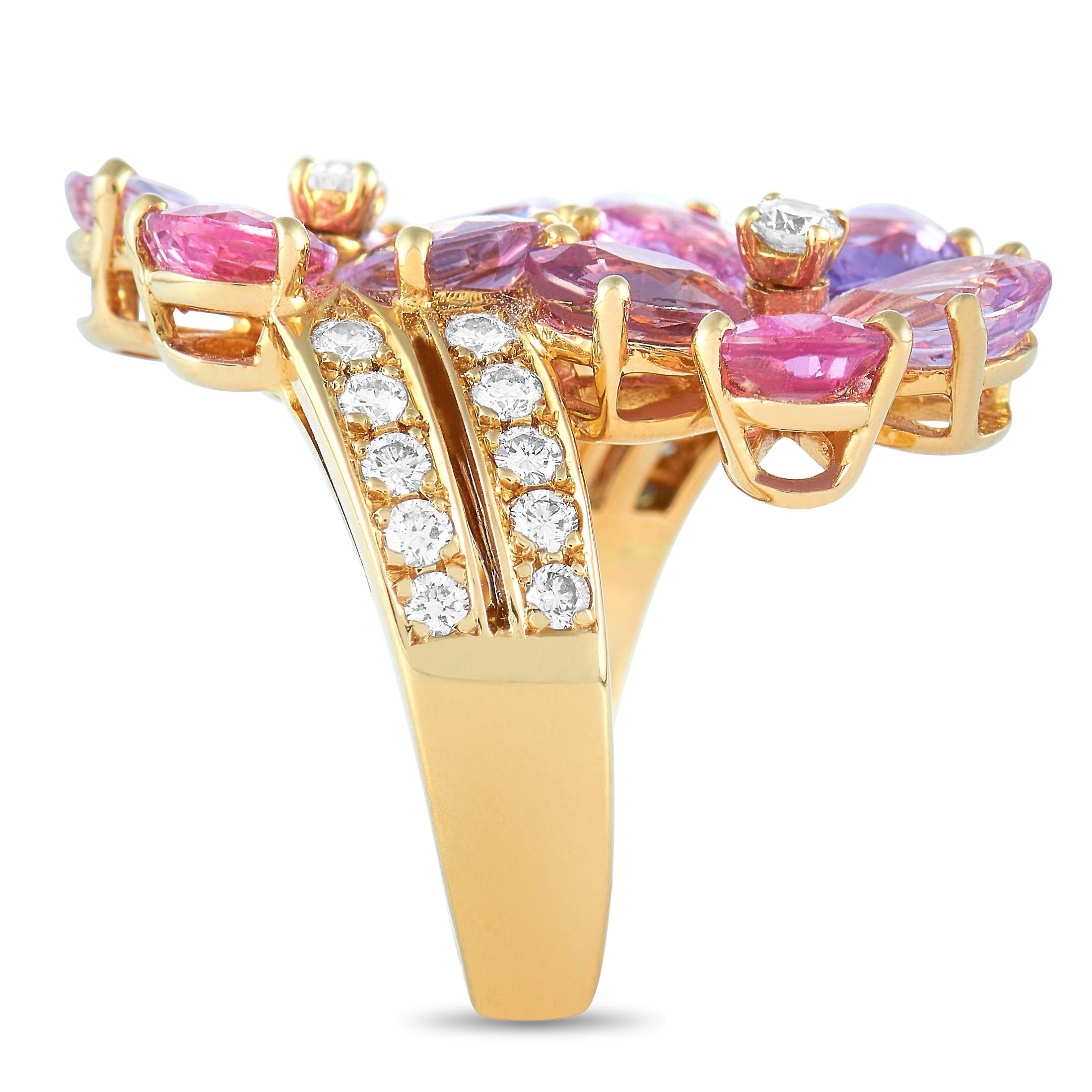 Round Cut Bvlgari 18 Karat Yellow Gold 0.80 Carat Diamond and Sapphire Flower Ring