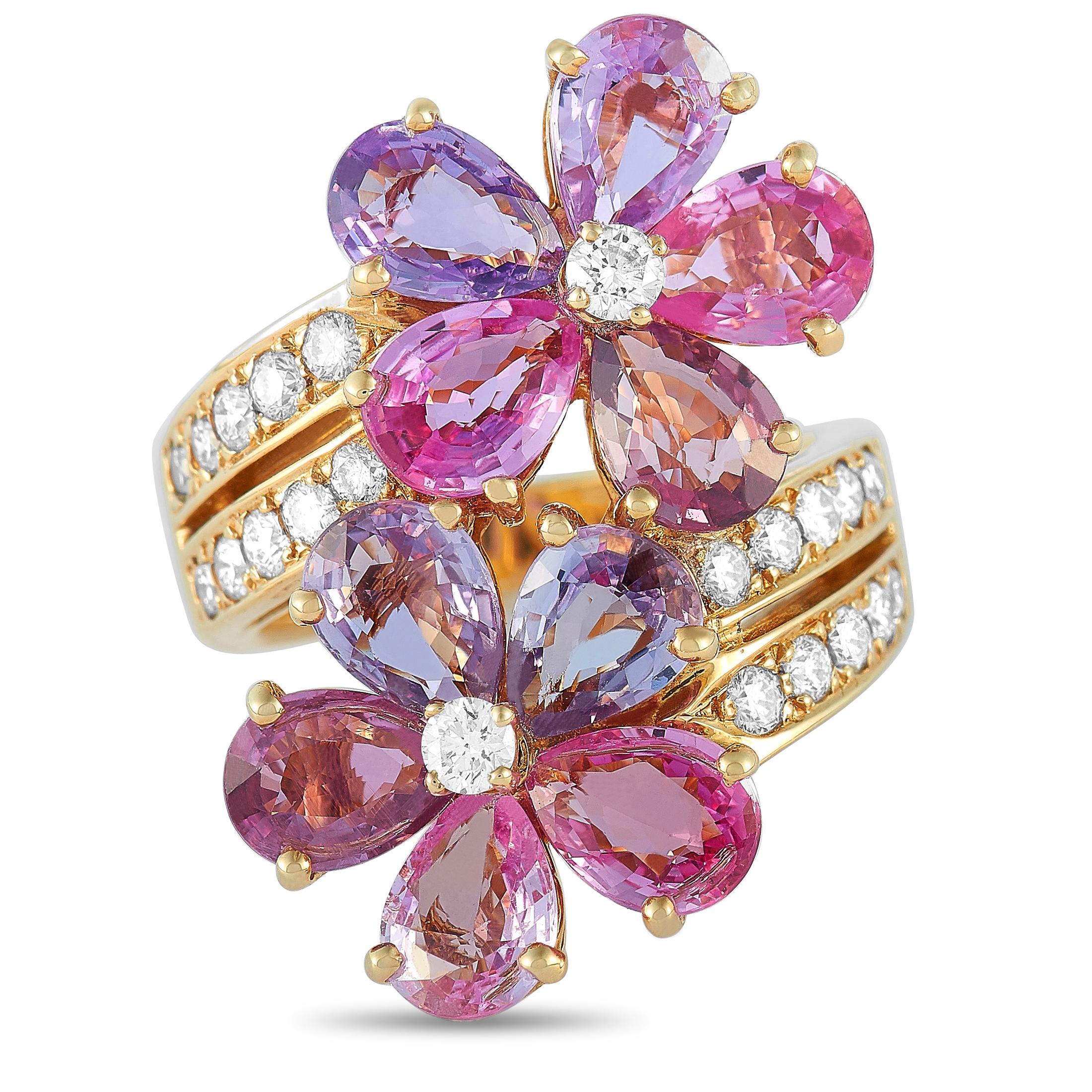 Women's Bvlgari 18 Karat Yellow Gold 0.80 Carat Diamond and Sapphire Flower Ring