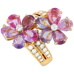 Bvlgari 18 Karat Yellow Gold 0.80 Carat Diamond and Sapphire Flower Ring