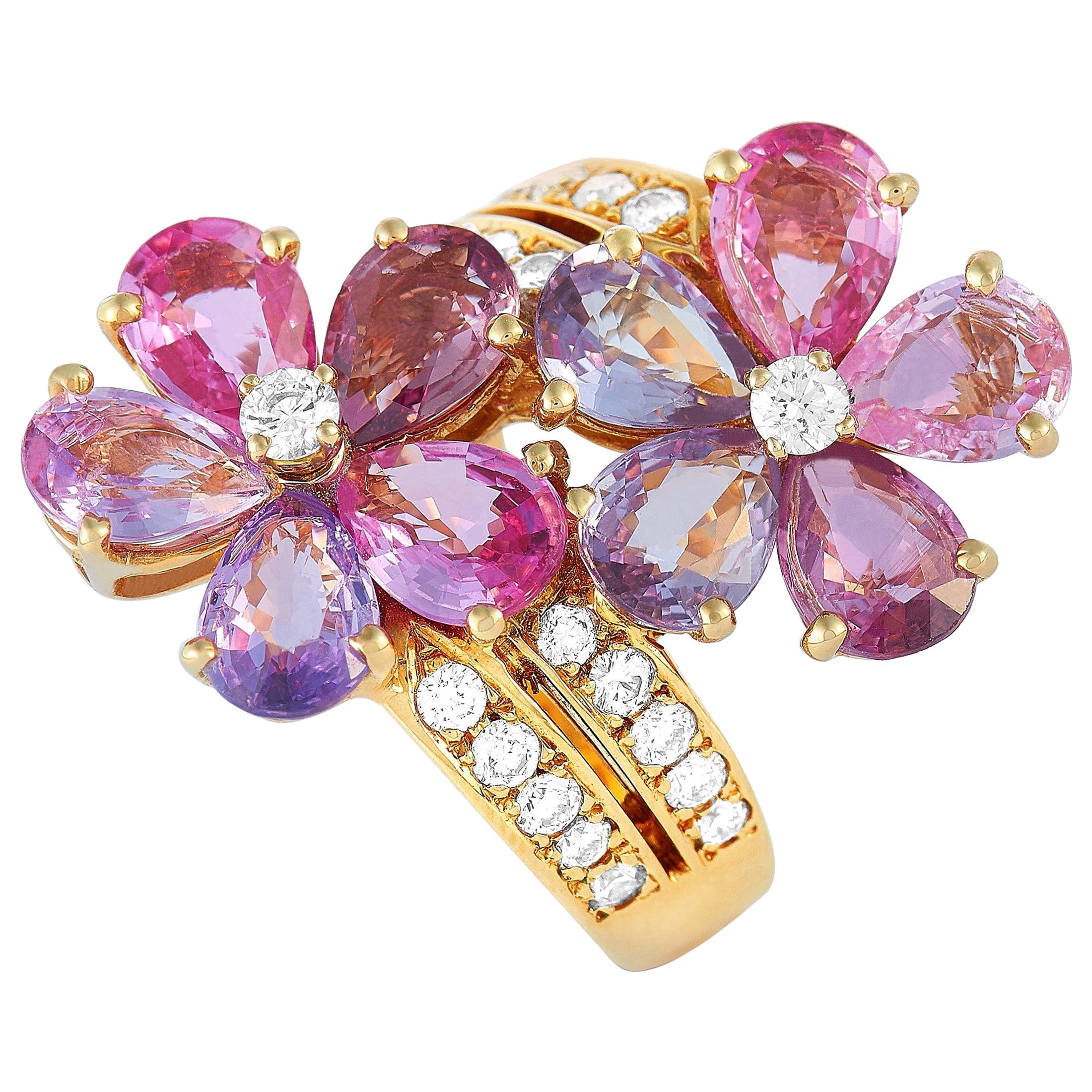 Bvlgari 18 Karat Yellow Gold 0.80 Carat Diamond and Sapphire Flower Ring