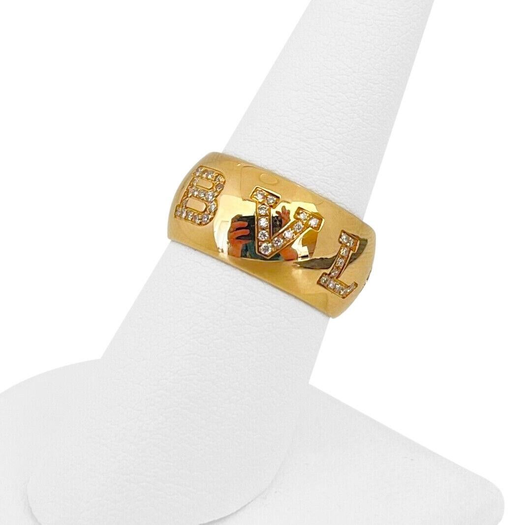 Bvlgari 18k Yellow Gold and Diamond Ladies Band Ring Italy Size 56

Condition:  Excellent Condition, Professionally Cleaned and Polished
Metal:  18k Gold (Marked, and Professionally Tested)
Weight:  12.8g
Diamonds:  Round Brilliant Diamonds