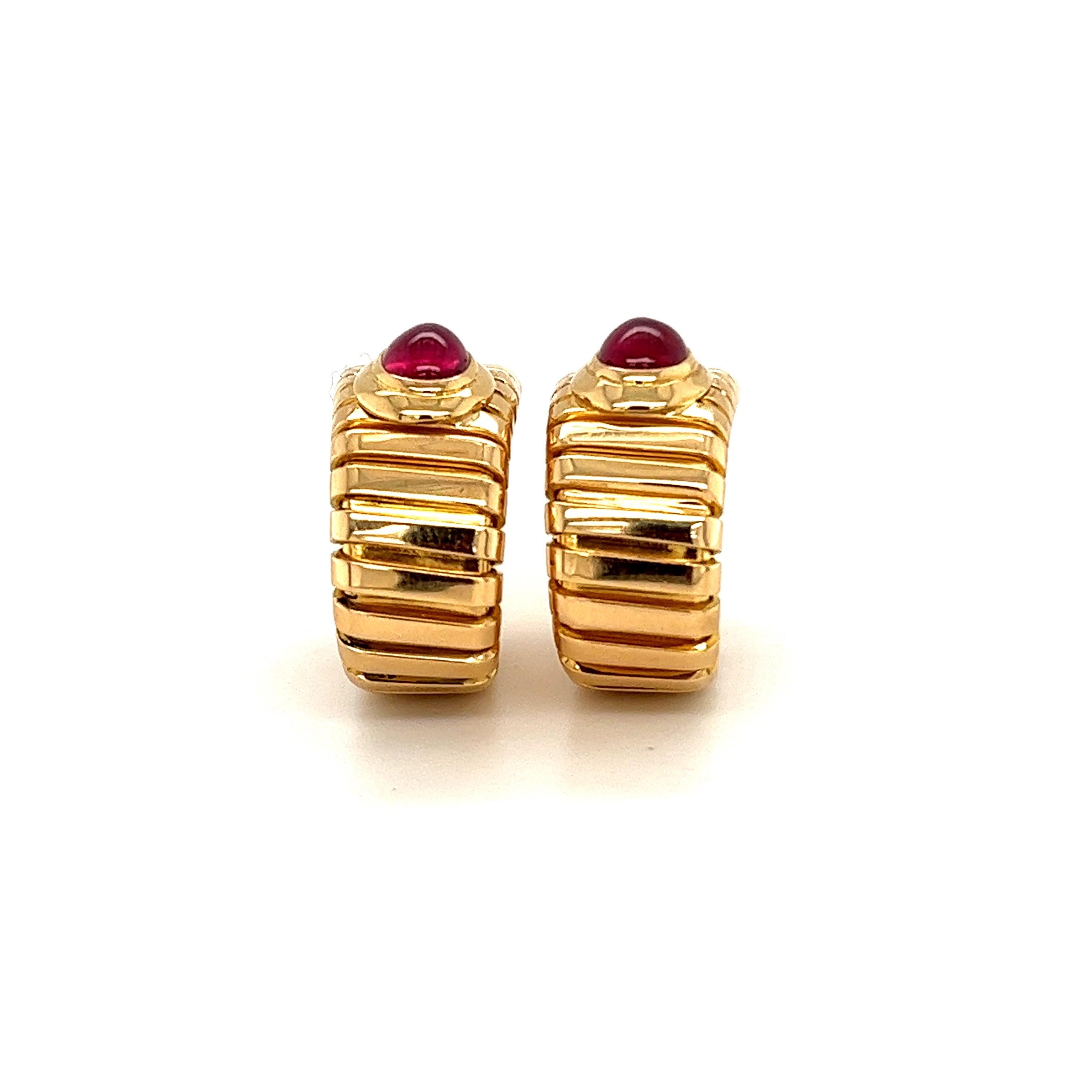 Modern Bvlgari 18 Karat Yellow Gold and Ruby Tubogas Half Hoop Earrings