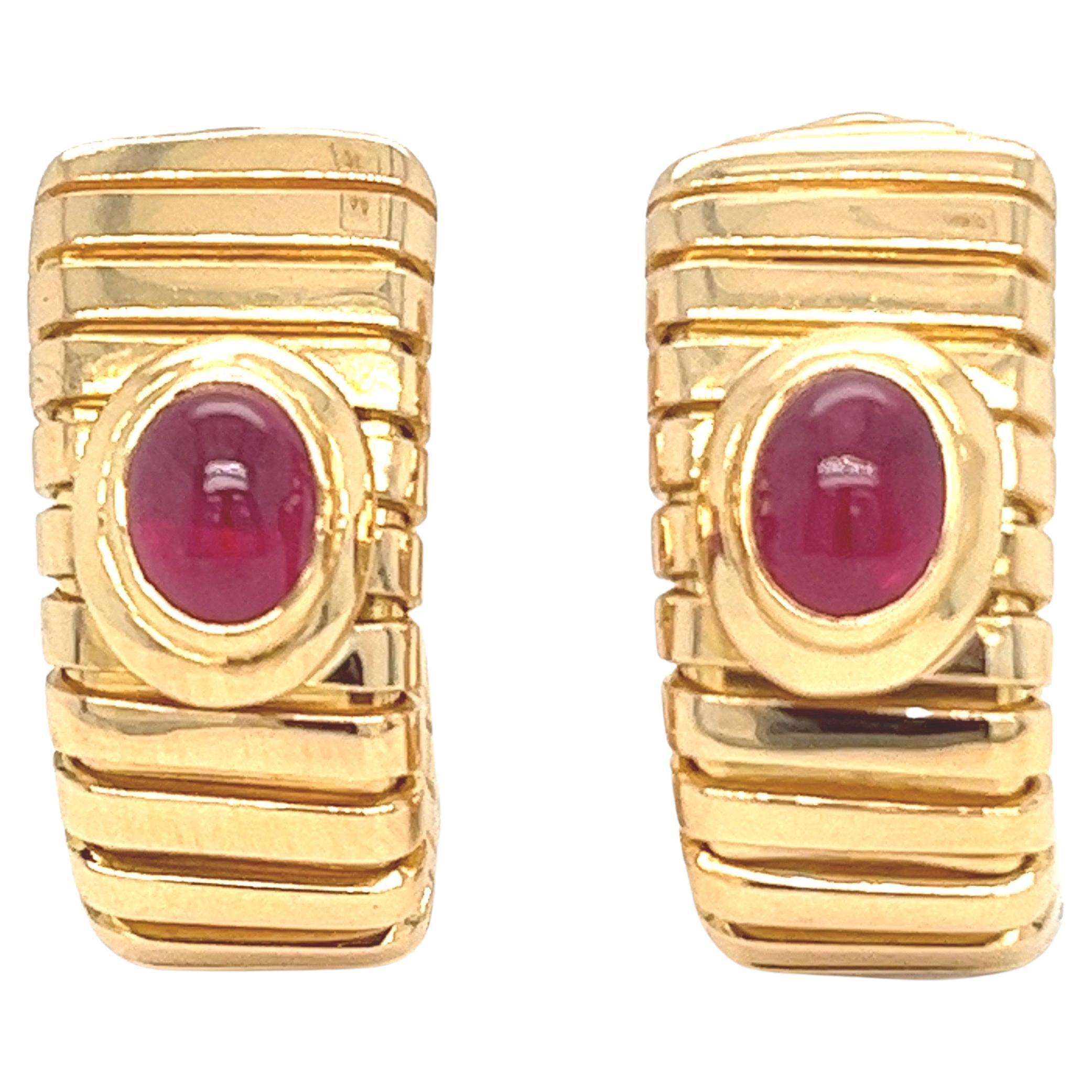 Bvlgari 18 Karat Yellow Gold and Ruby Tubogas Half Hoop Earrings