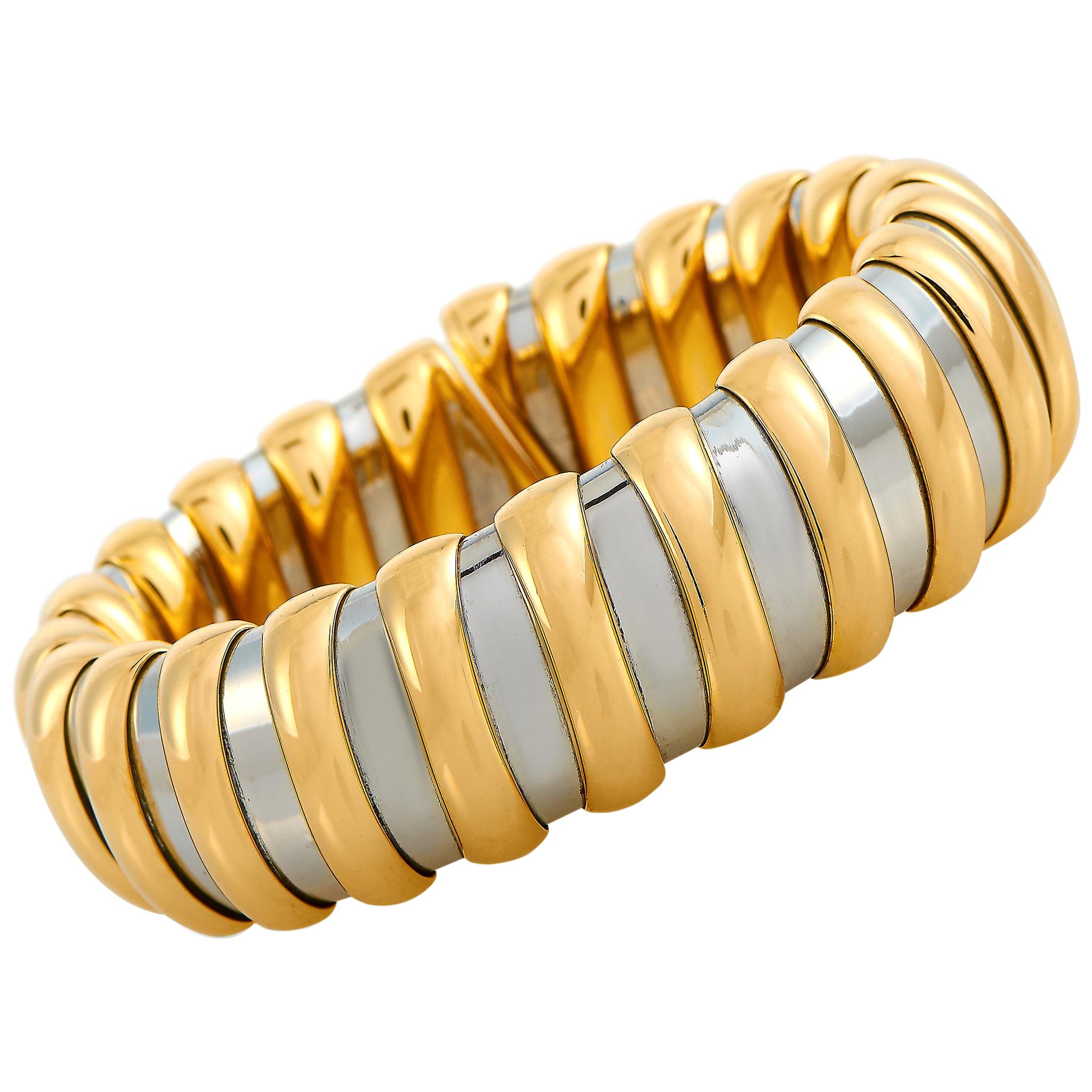 Bvlgari 18 Karat Yellow Gold and Stainless Steel Bangle Bracelet