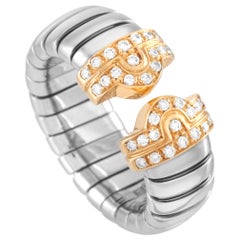 Bvlgari 18 Karat Yellow Gold and Stainless Steel Diamond Tubogas Ring