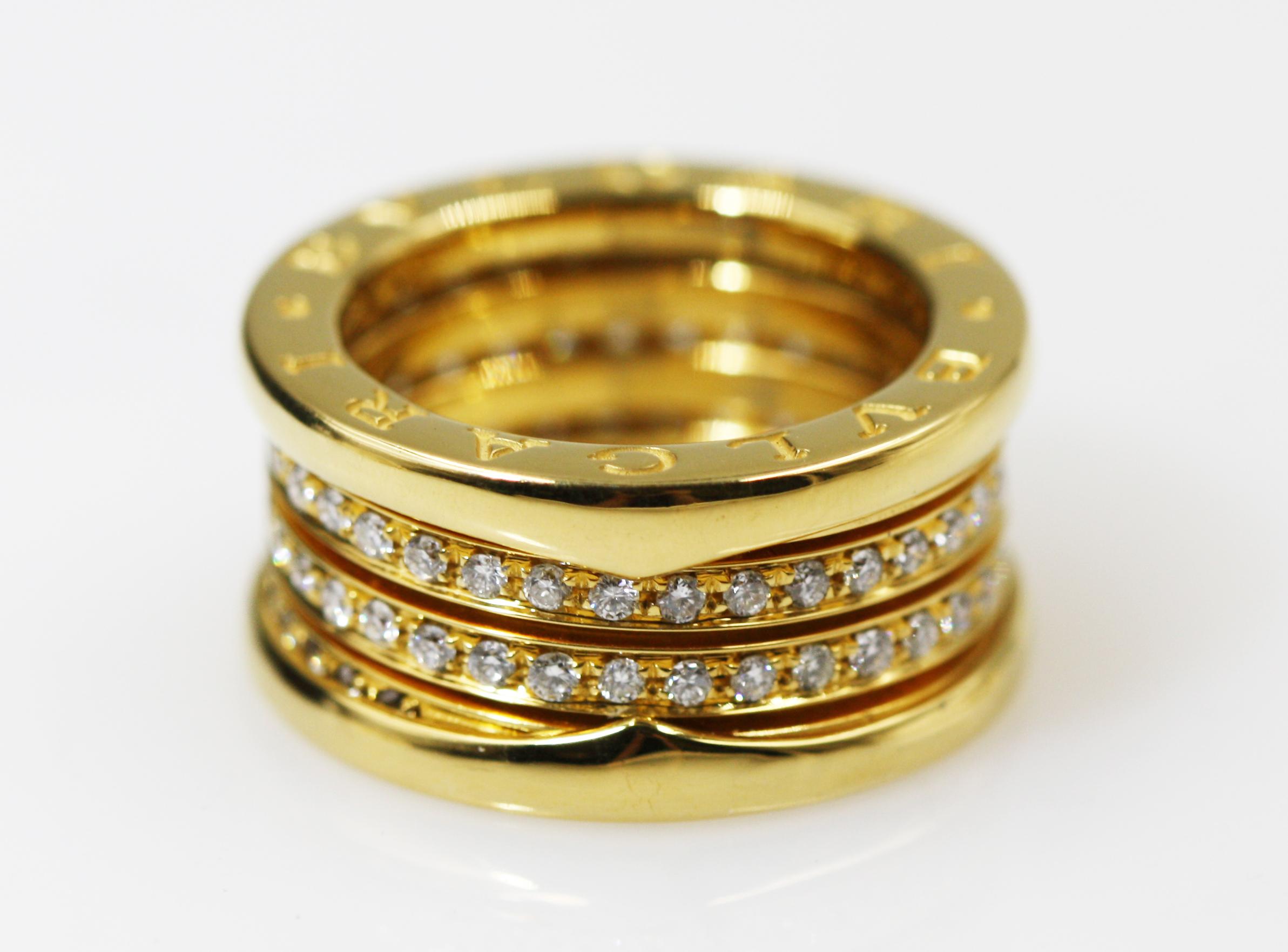 Bvlgari 18 Karat Yellow Gold B Zero1 4 Band Pave Diamond Ring In Excellent Condition For Sale In New York, NY