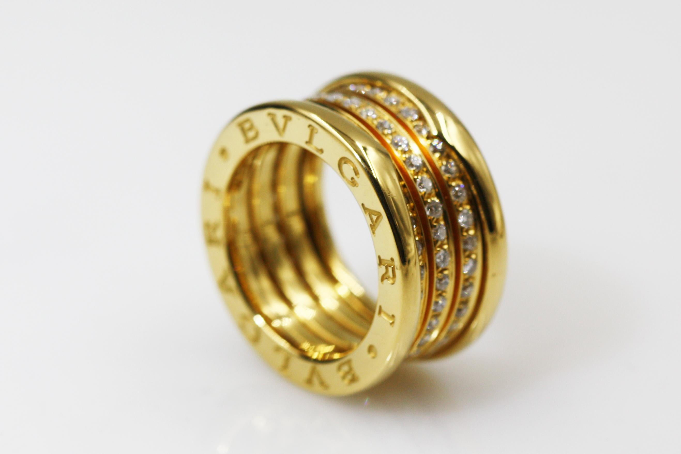 Women's Bvlgari 18 Karat Yellow Gold B Zero1 4 Band Pave Diamond Ring For Sale