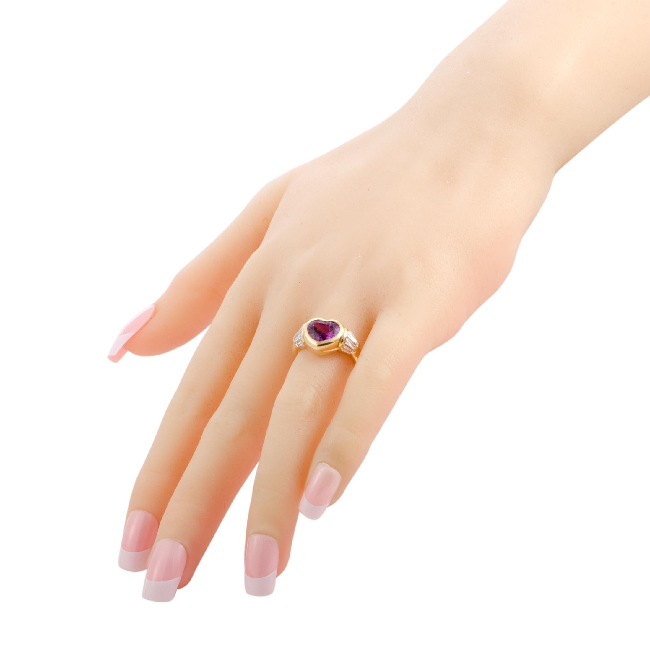 Women's Bvlgari 18 Karat Yellow Gold Baguette Diamonds and Sapphire Heart Ring