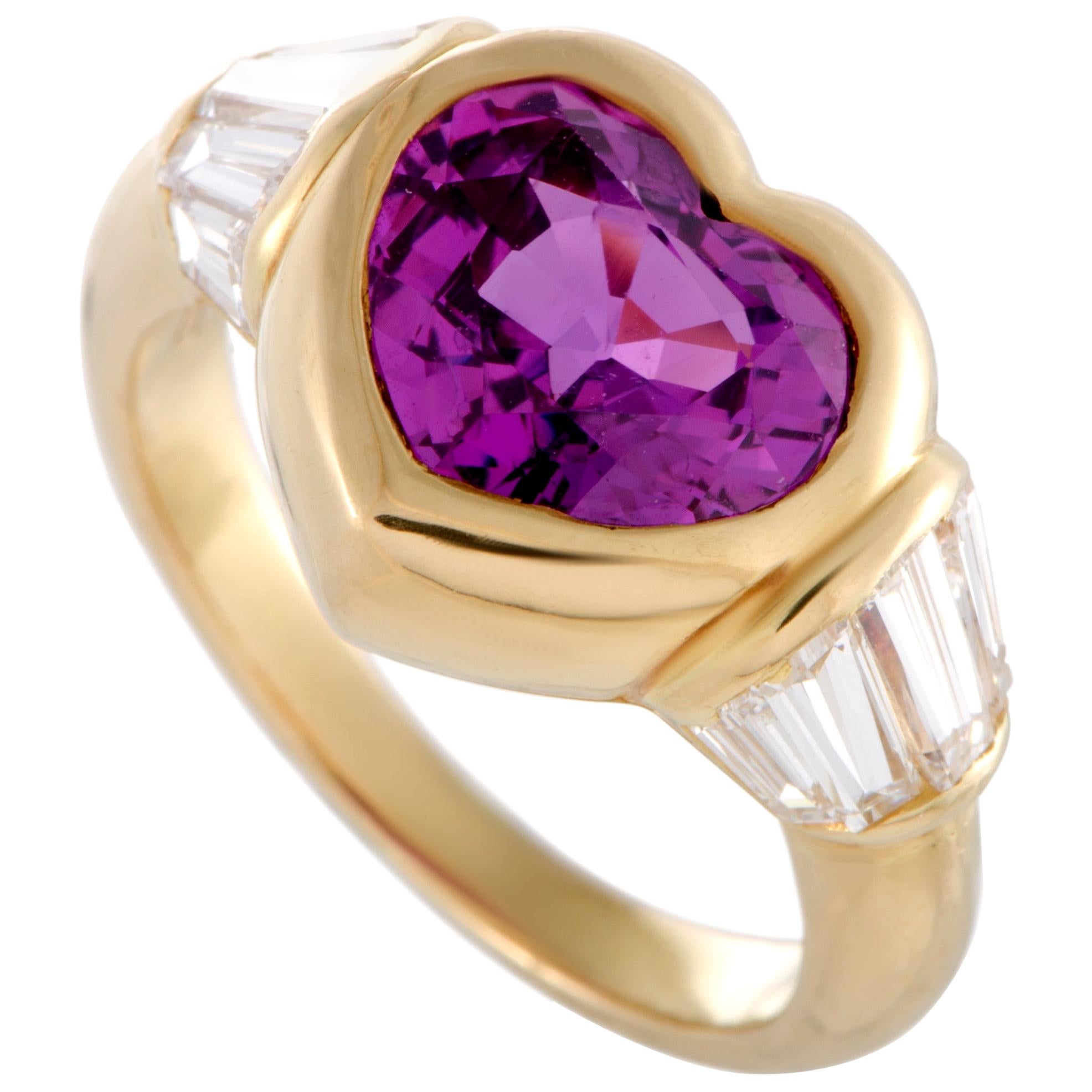 Bvlgari 18 Karat Yellow Gold Baguette Diamonds and Sapphire Heart Ring
