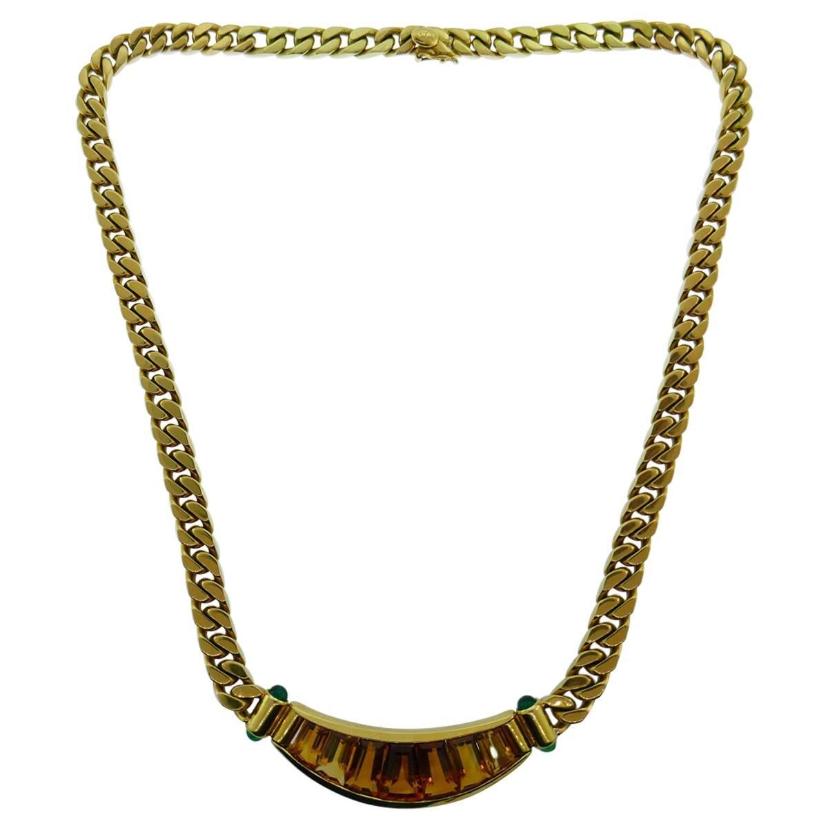 Bvlgari 18 Karat Yellow Gold, Cabochon Emerald and Citrine Necklace Vintage