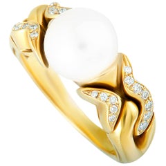 Bvlgari 18 Karat Yellow Gold Diamond Pave and Pearl Ring