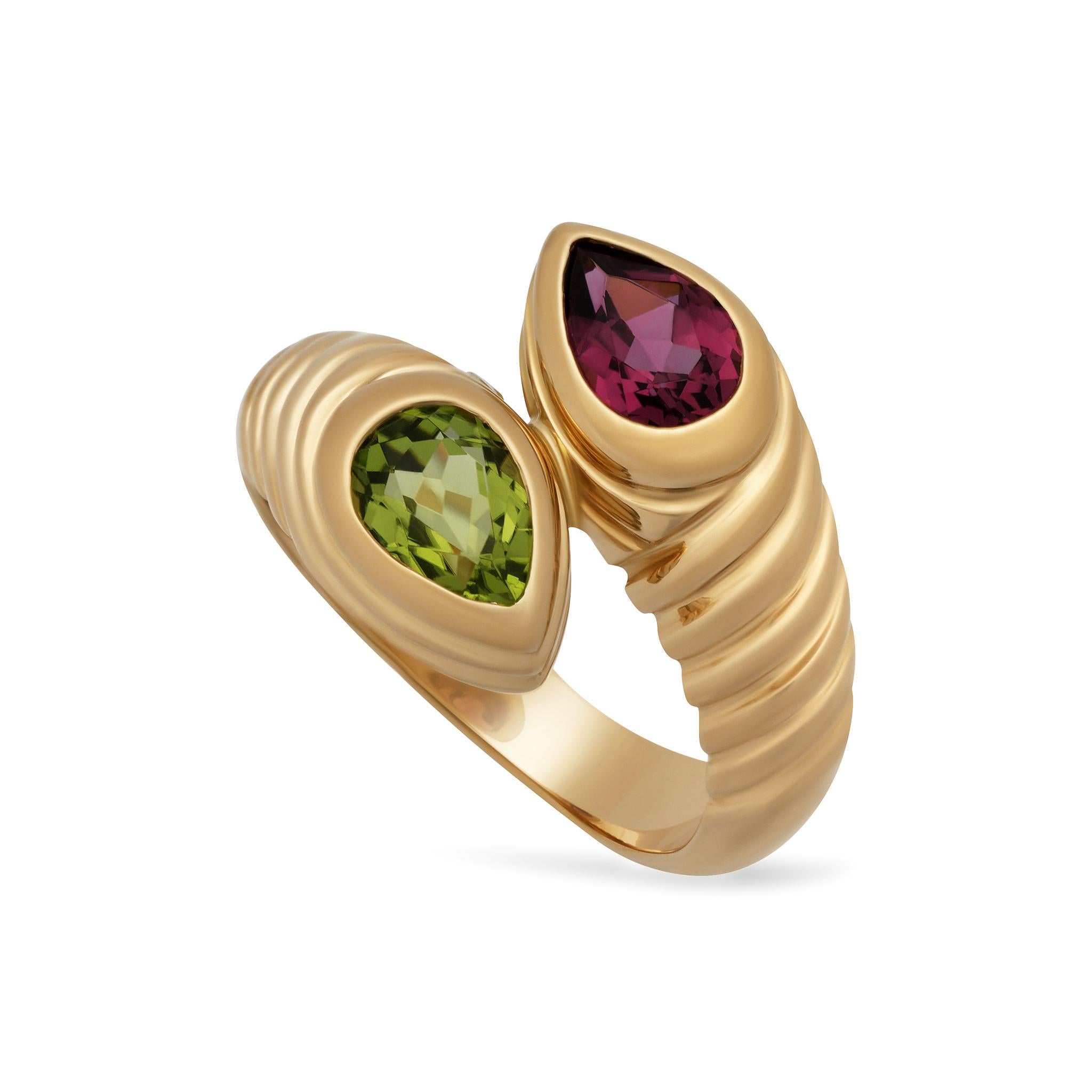 Bvlgari 18 Karat Yellow Gold Doppio Pink and Green Tourmaline Ring In New Condition In New York, NY