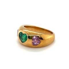 Bvlgari 18 Karat Yellow Gold Emerald and Pink Sapphire Band Ring