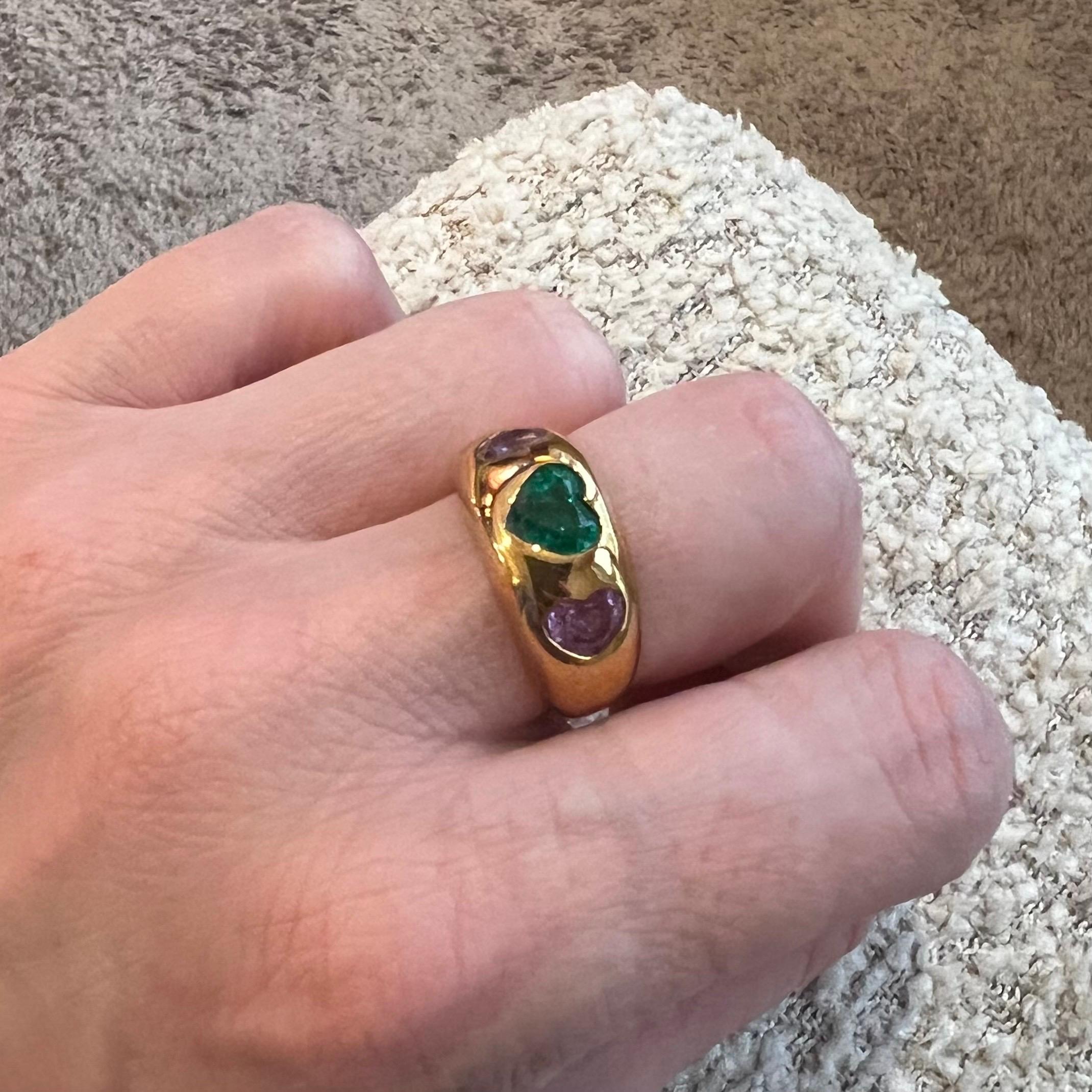 Women's or Men's Bvlgari 18 Karat Yellow Gold Emerald and Pink Sapphire Band Ring