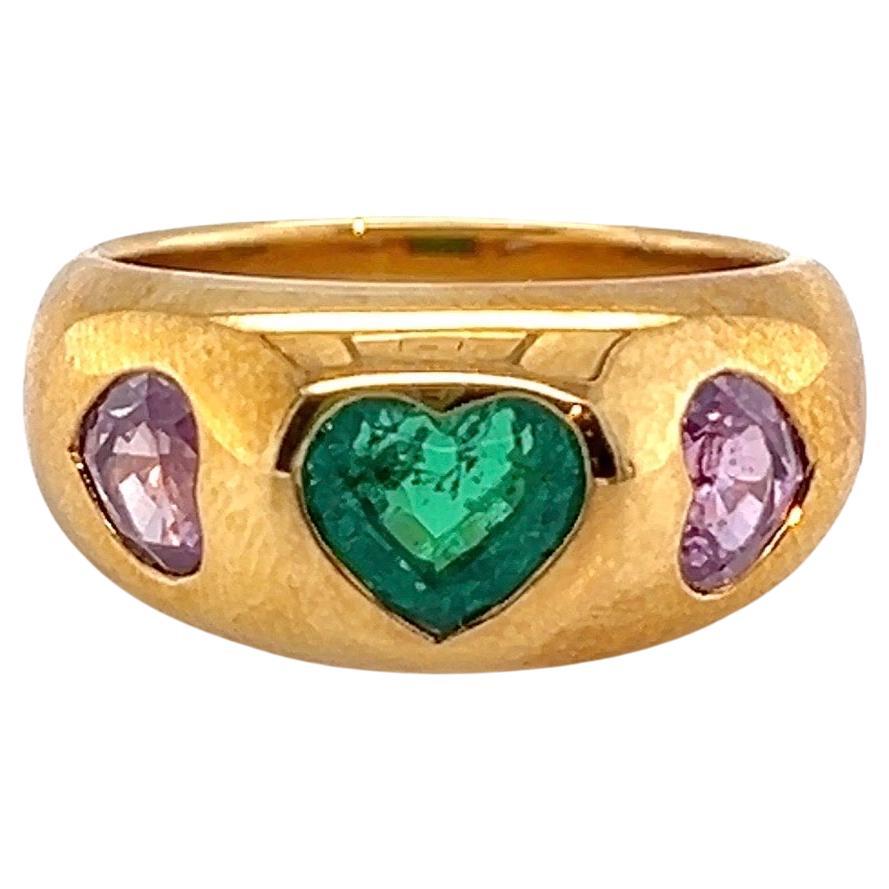 Bvlgari 18 Karat Yellow Gold Emerald and Pink Sapphire Band Ring