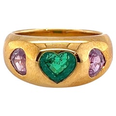 Bvlgari 18 Karat Yellow Gold Emerald and Pink Sapphire Band Ring