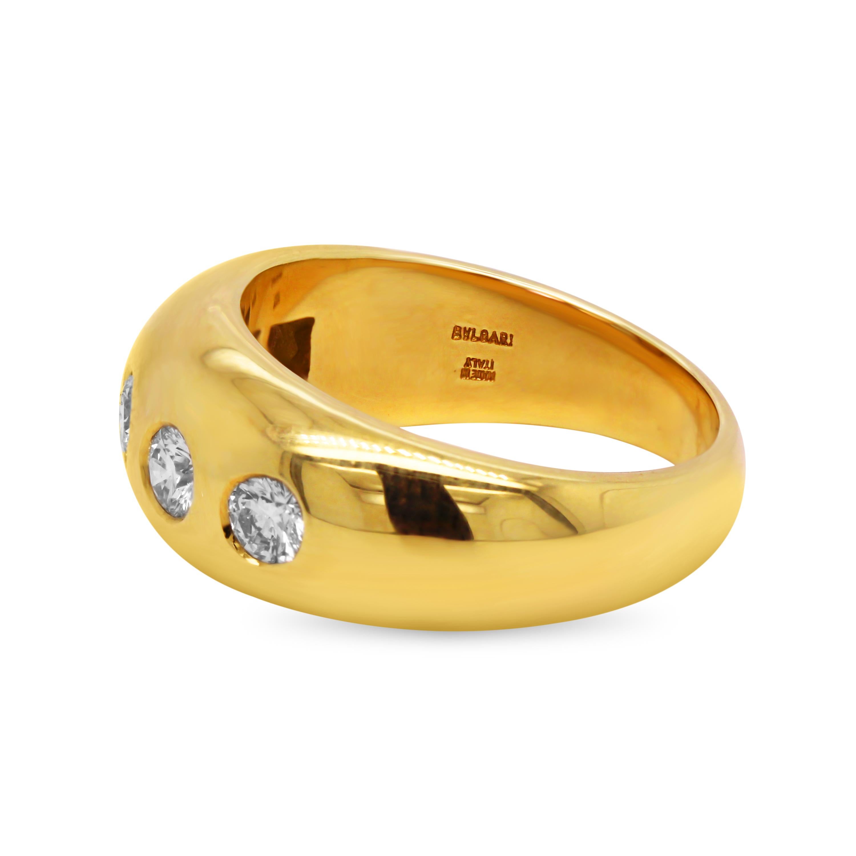 Bvlgari 18 Karat Yellow Gold Five Diamond Ring

Simple, yet elegant, this five diamond ring by Bvlgari features a high-polished, shiny finishing to the gold with the diamonds bezel set along the center.

Apprx. 0.90 carat, G-F color, VS clarity