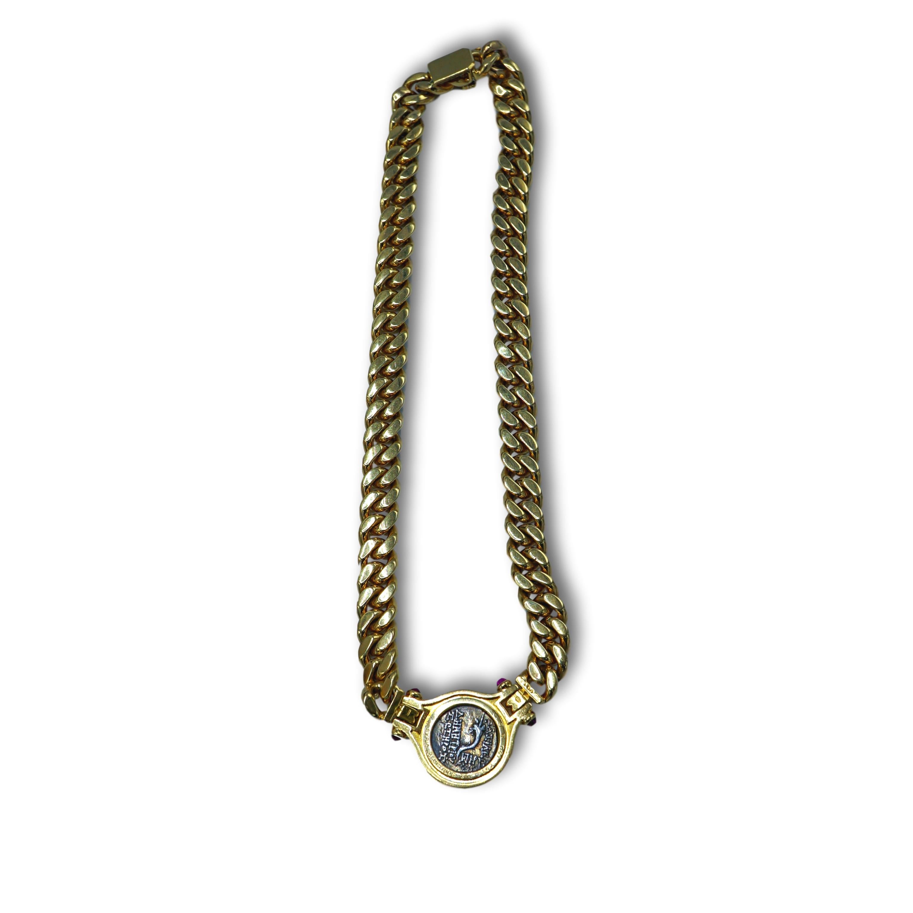 Modern Bvlgari 18 Karat Yellow Gold Link Necklace Set with Roman Coin
