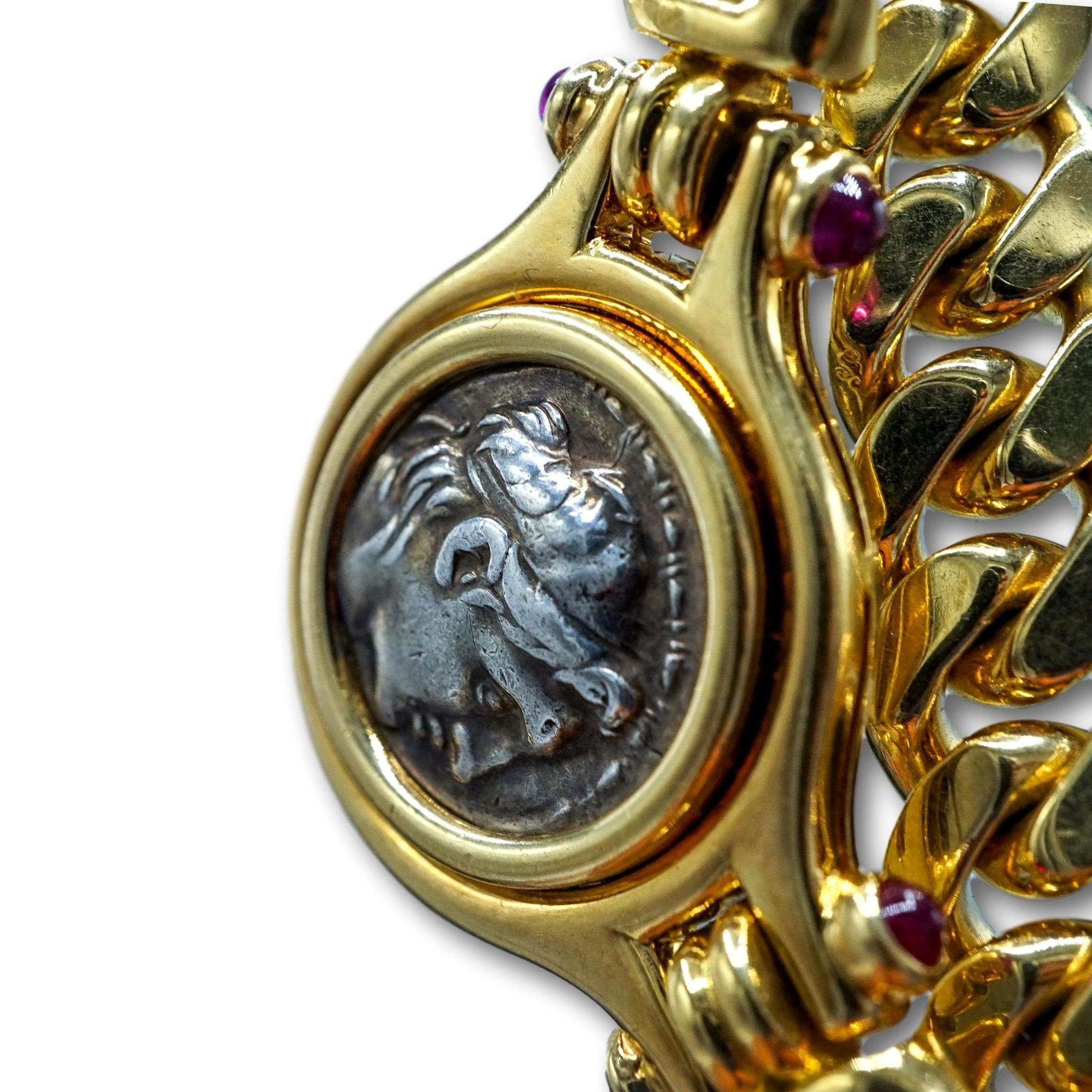 Women's or Men's Bvlgari 18 Karat Yellow Gold Link Necklace Set with Roman Coin