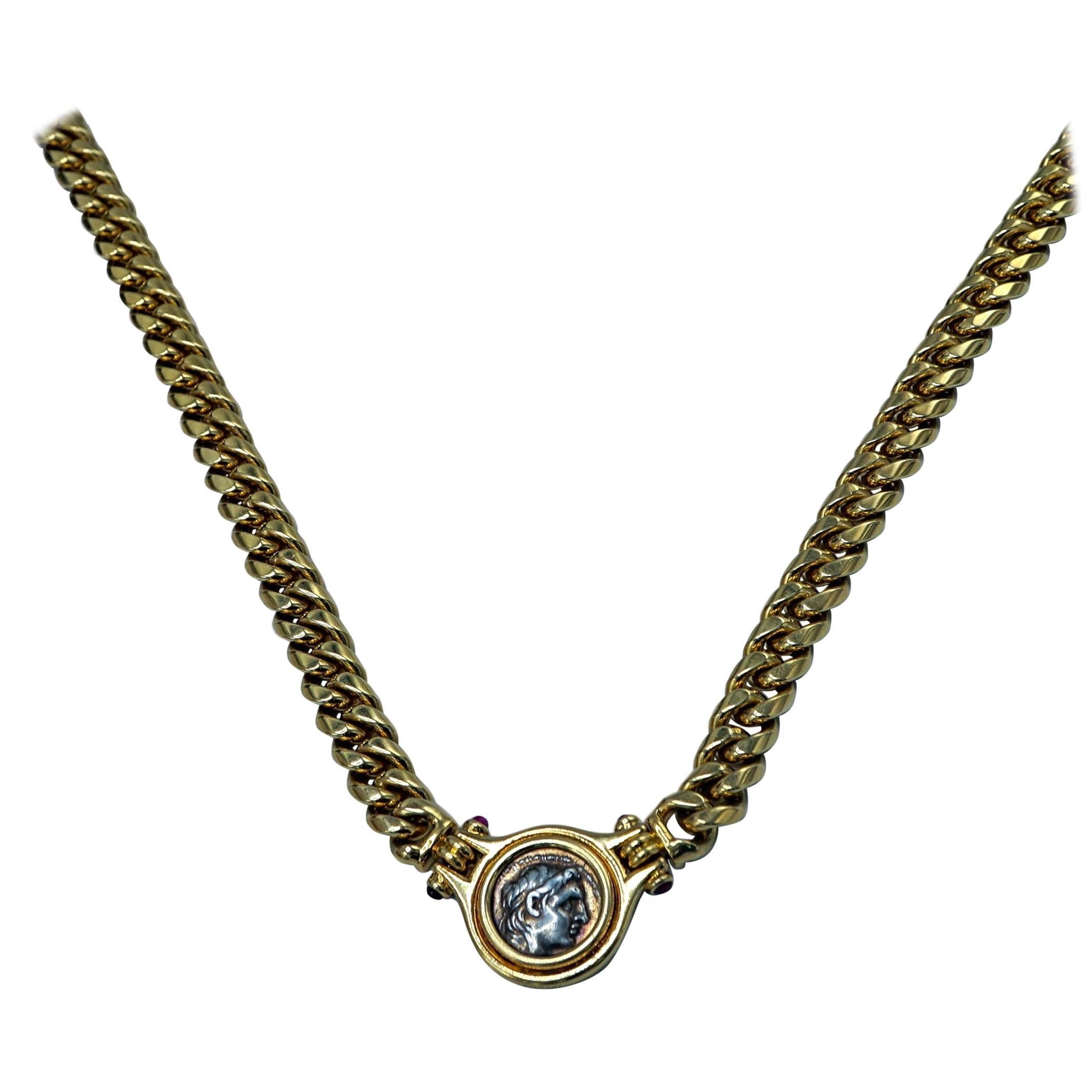Bvlgari 18 Karat Yellow Gold Link Necklace Set with Roman Coin