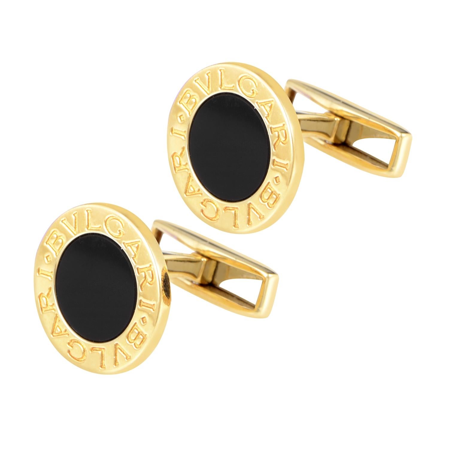 A combination that is both striking and elegant, the tasteful blend of pleasing 18K yellow gold and captivating onyx produces a stunning look in this outstanding pair of cufflinks from Bvlgari.