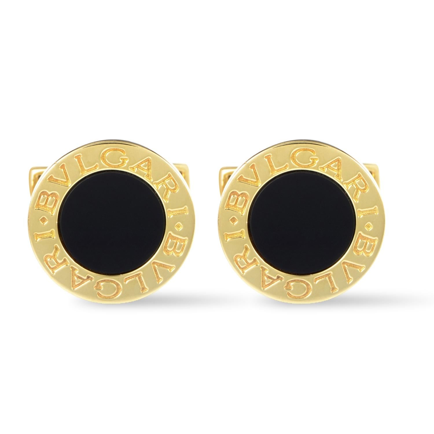 Bvlgari 18 Karat Yellow Gold Onyx Round Cufflinks In Excellent Condition In Southampton, PA