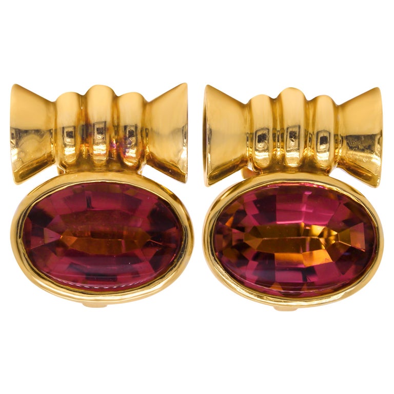 Bvlgari 18 Karat Yellow Gold Oval Cut Tourmaline Earrings For Sale