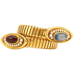 Bvlgari 18 Karat Yellow Gold Ruby Sapphire and Diamond Tubogas Wrap Bracelet