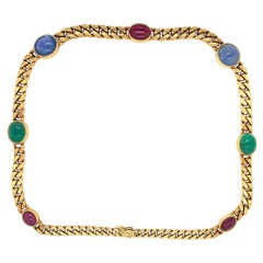 Bulgari 18 Karat Yellow Gold Sapphire Emerald Cabochon Ruby Link Necklace