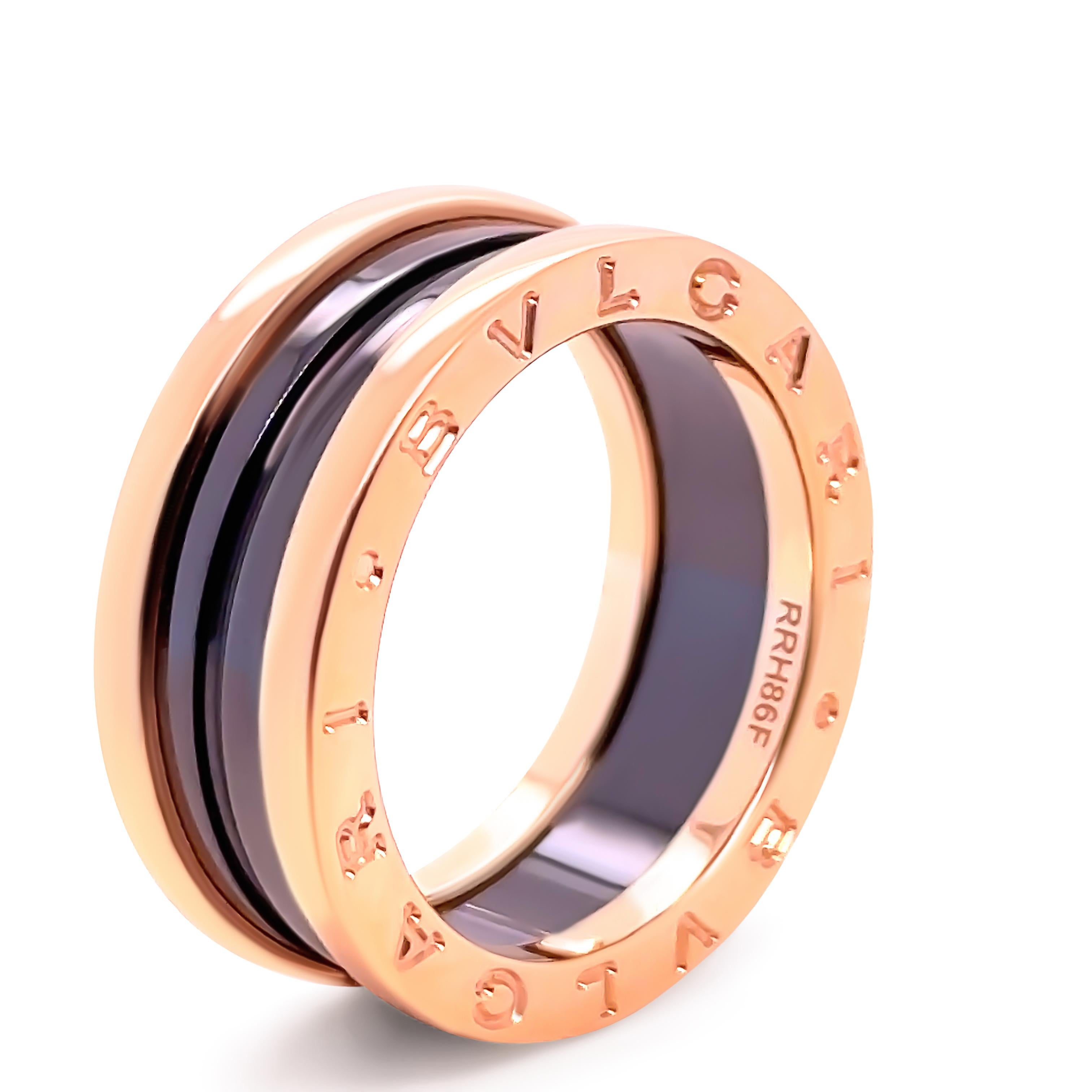 A Bvlgari B.Zero1 Four Band Ring, made of 18ct Rose Gold & Black Ceramic. 

Reference - 345853 - Made in Italy

Metal: 18ct Rose Gold & Black Ceramic
Carat: N/A
Colour: N/A
Clarity:  N/A
Cut: N/A
Weight: 8 grams
Engravings/Markings: Signed
