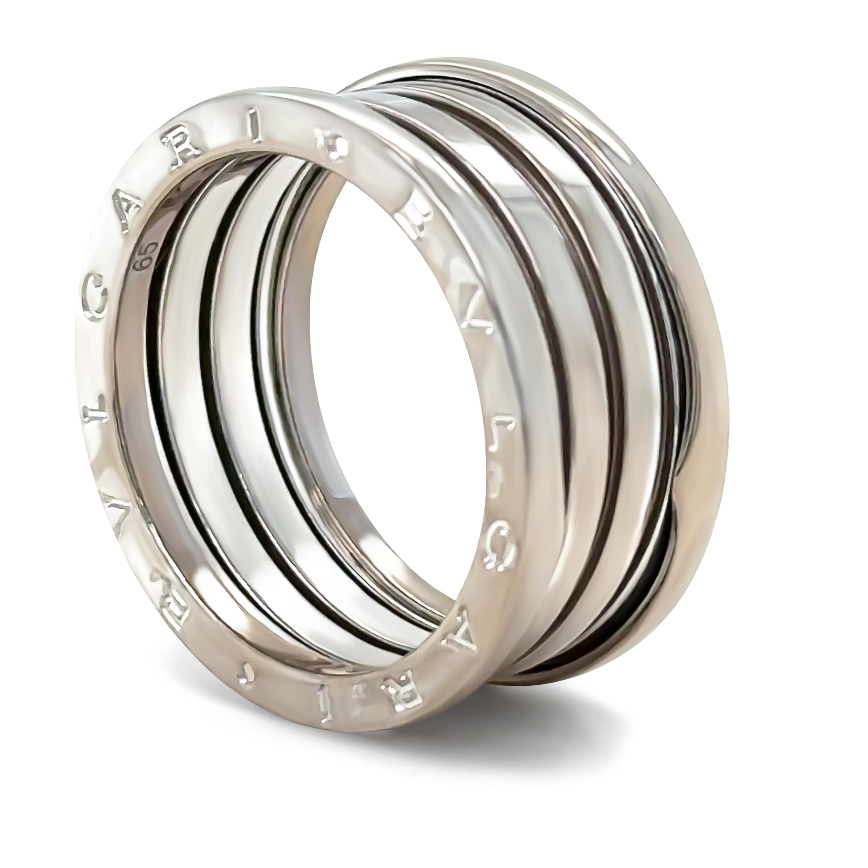 A Bvlgari B.Zero1 Four Band Ring, made of 18ct White Gold. Reference 328135, Serial LSKPH5. 

Metal: 18ct White Gold
Carat: N/A
Colour: N/A
Clarity:  N/A
Cut: N/A
Weight: 14.22 grams
Engravings/Markings: Signed 65 LSKPH5

Size/Measurement: Ring Size