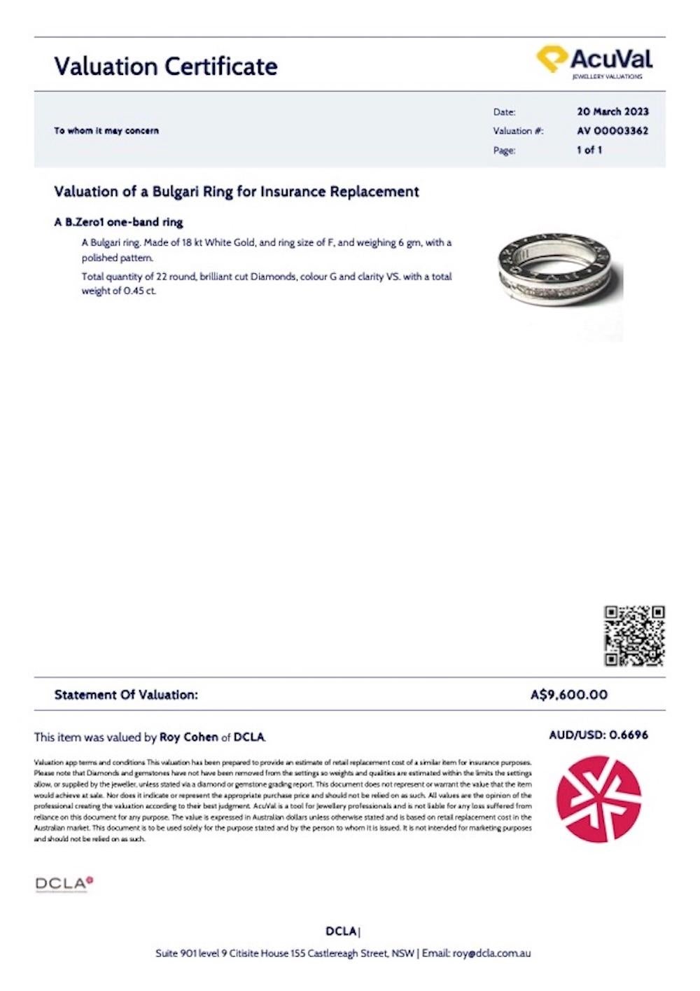 Bvlgari B.Zero1 Bague en or blanc 18ct 0,45ct en vente 5