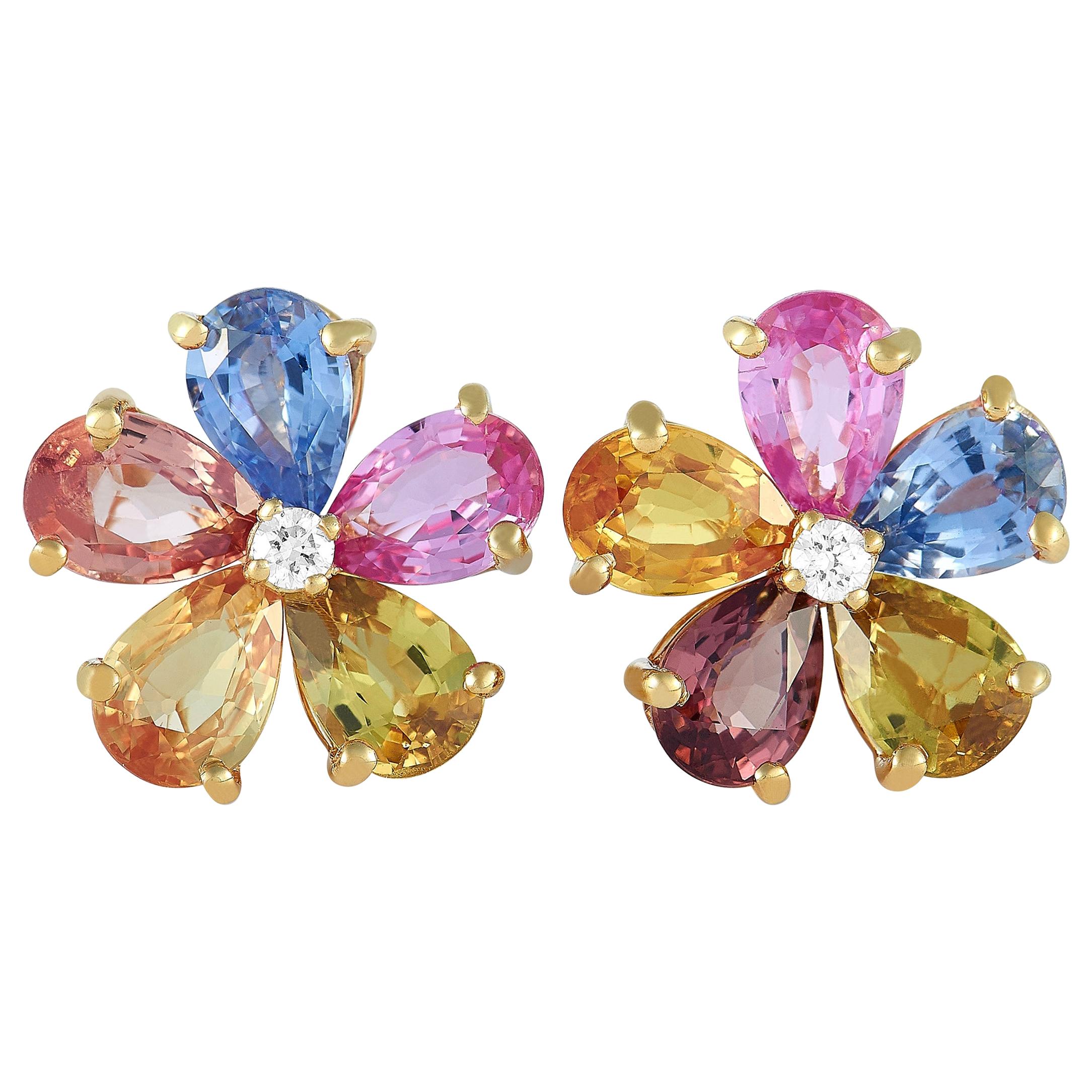 Bvlgari 18K Gold 0.10 Carat Diamond and Multi-Color Sapphire Flower Earrings