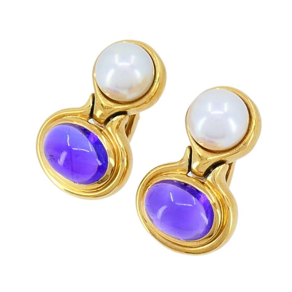 Cabochon Bvlgari 18k Gold Amethyst Pearl Drop Earrings For Sale