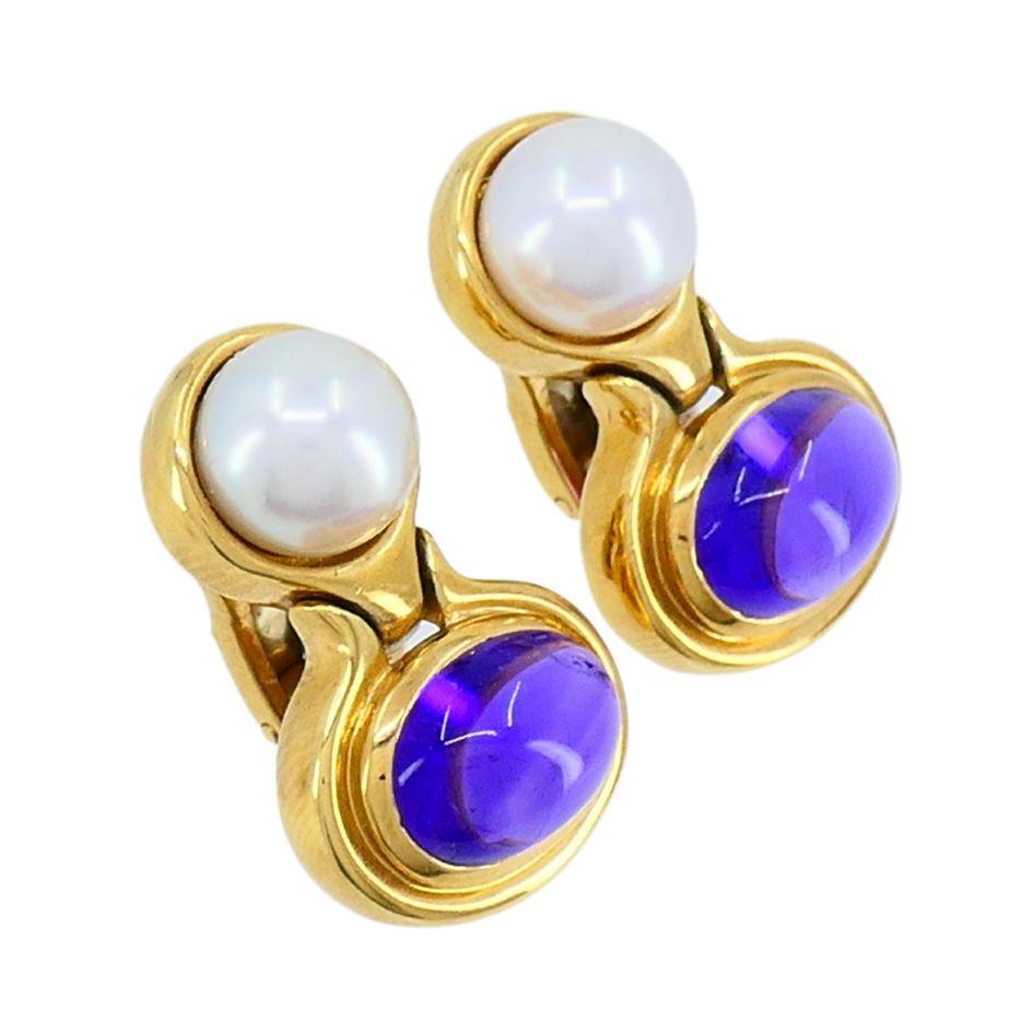 Bvlgari 18k Gold Amethyst Pearl Drop Earrings In Good Condition For Sale In Beverly Hills, CA