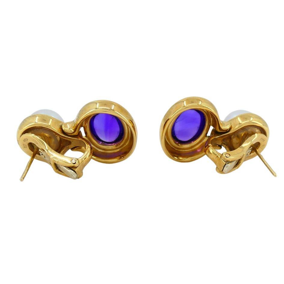 Women's Bvlgari 18k Gold Amethyst Pearl Drop Earrings For Sale