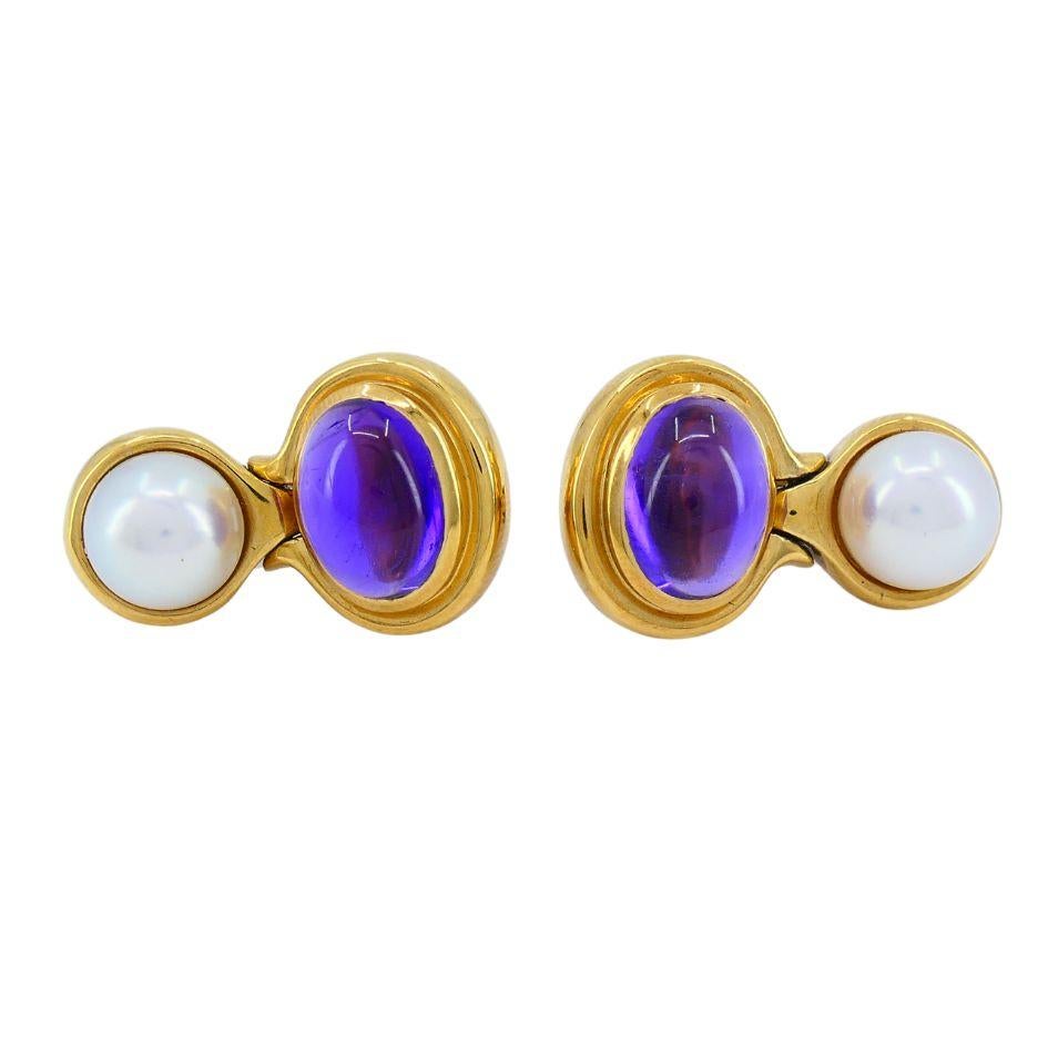 Bvlgari 18k Gold Amethyst Pearl Drop Earrings For Sale 2