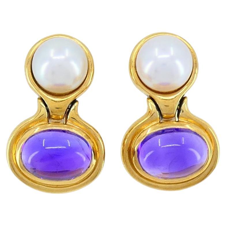 Bvlgari 18k Gold Amethyst Pearl Drop Earrings