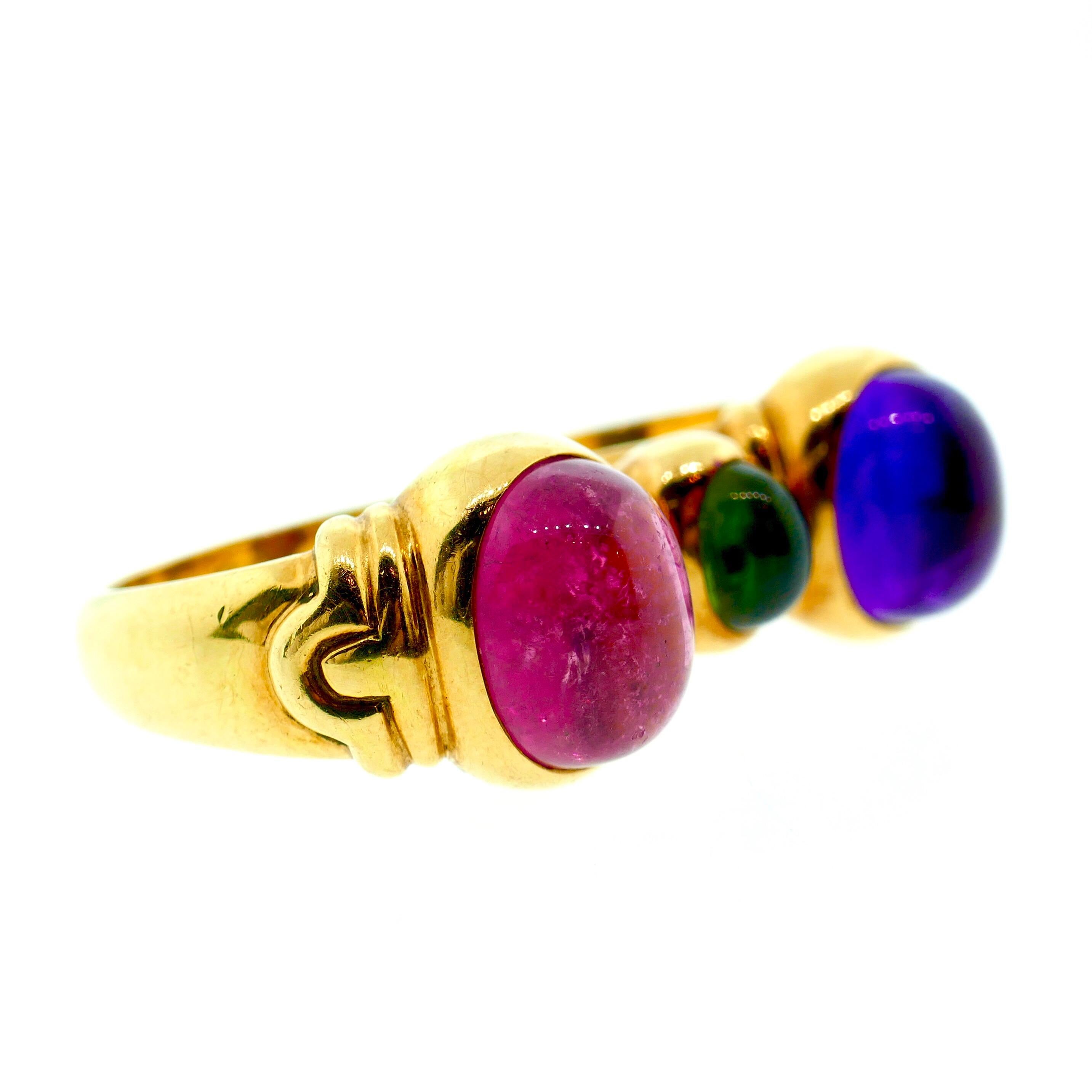 Bvlgari 18 Karat Gold, Amethyst, Peridot, Tourmaline Two-Finger Ring In Good Condition In Beverly Hills, CA