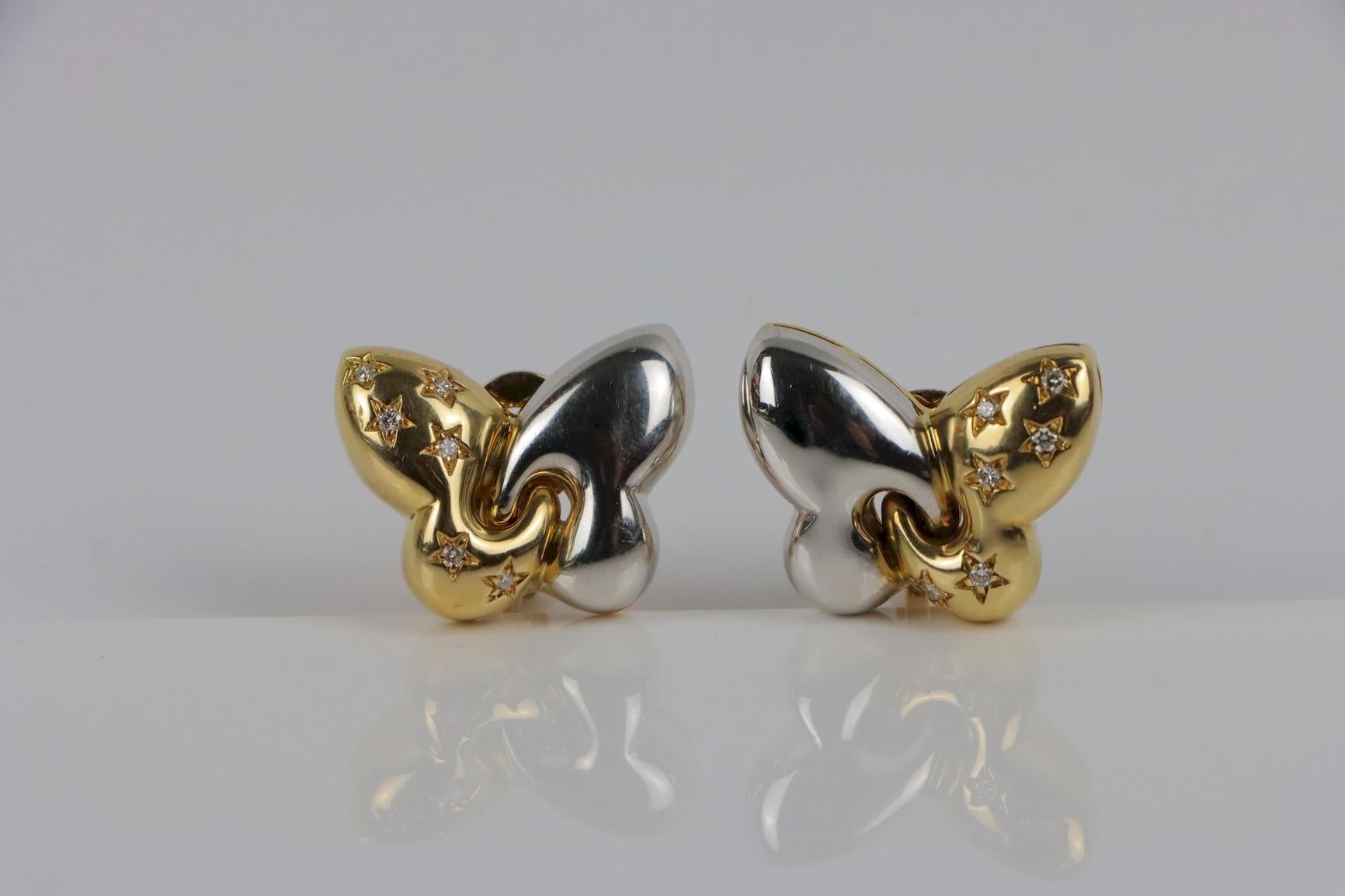 Bvlgari 18K Gold Butterfly Diamond Earring 
Featuring a two-tone 18K White & Yellow Gold Butterfly form mounted with (12) Round Brilliant Diamonds. 

Approximate Dimensions:
2.1 cm (Length) x 2.5 cm (Width) 
26 grams in weight