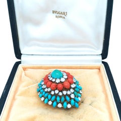 Bvlgari, 18K Gold Coral Turquoise Diamond Brooch