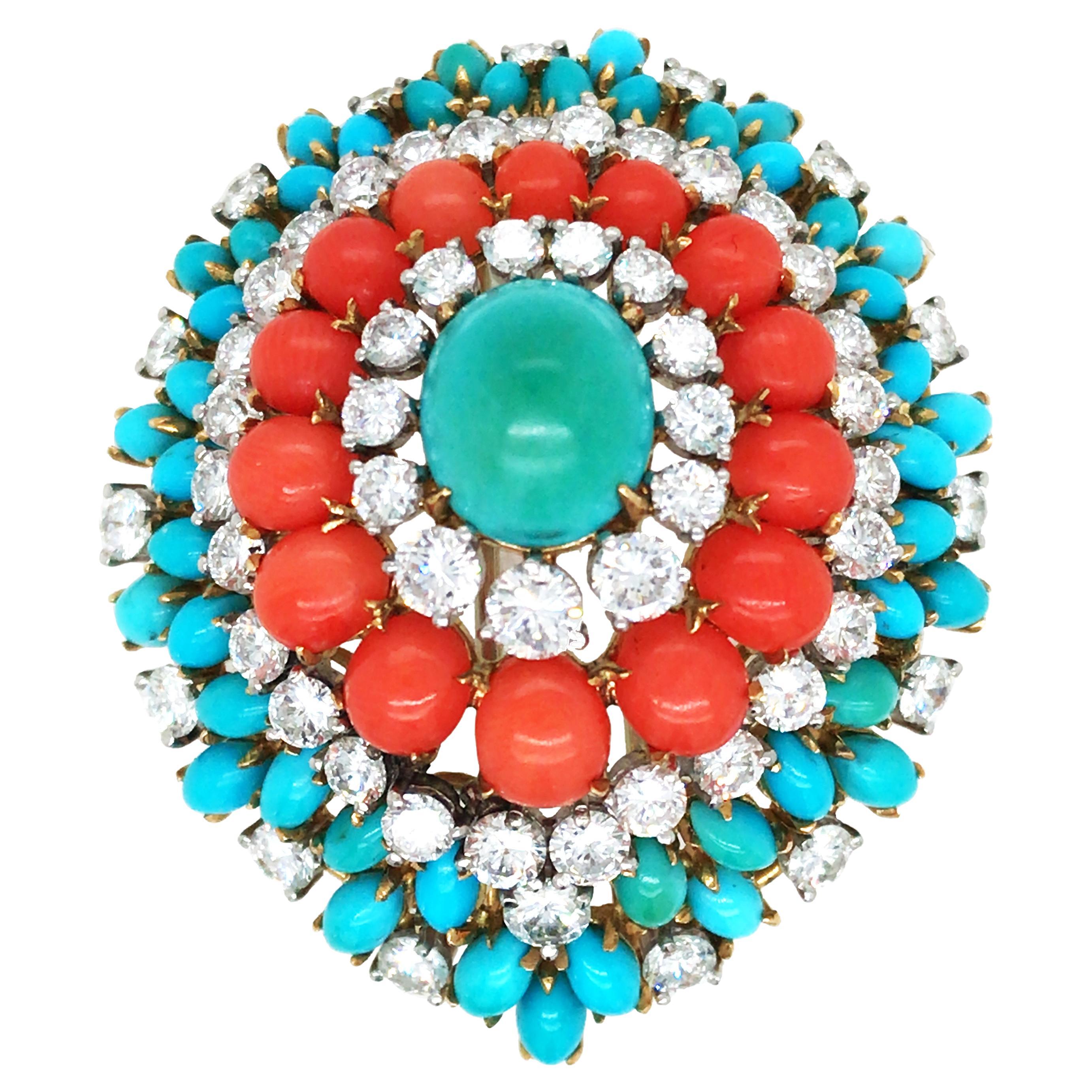 Bvlgari, Broche Oro 18K Coral Turquesa Diamante
