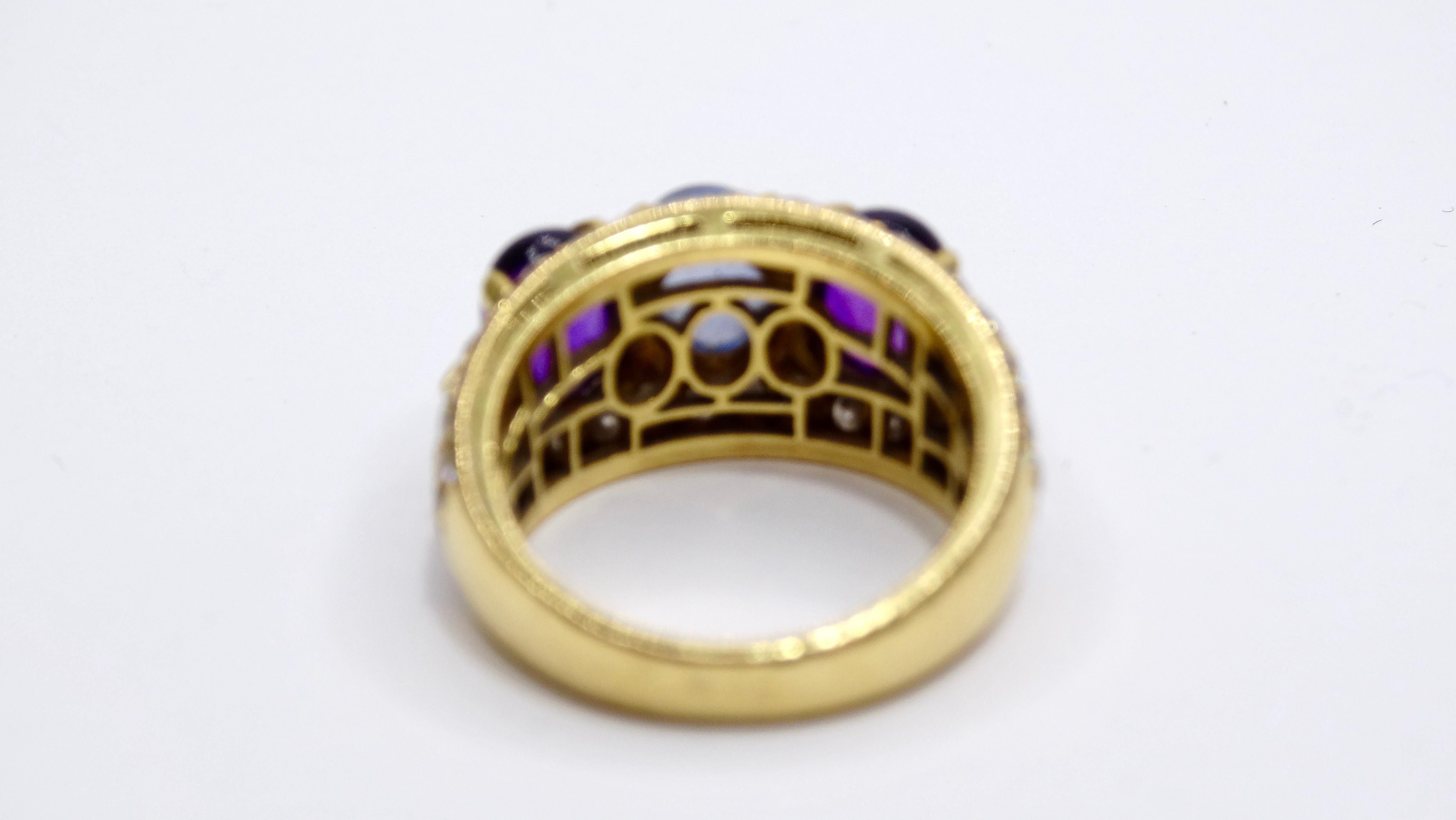 Round Cut BVLGARI 18k Gold Diamond, Sapphire, and Amethyst Three-stone Ring