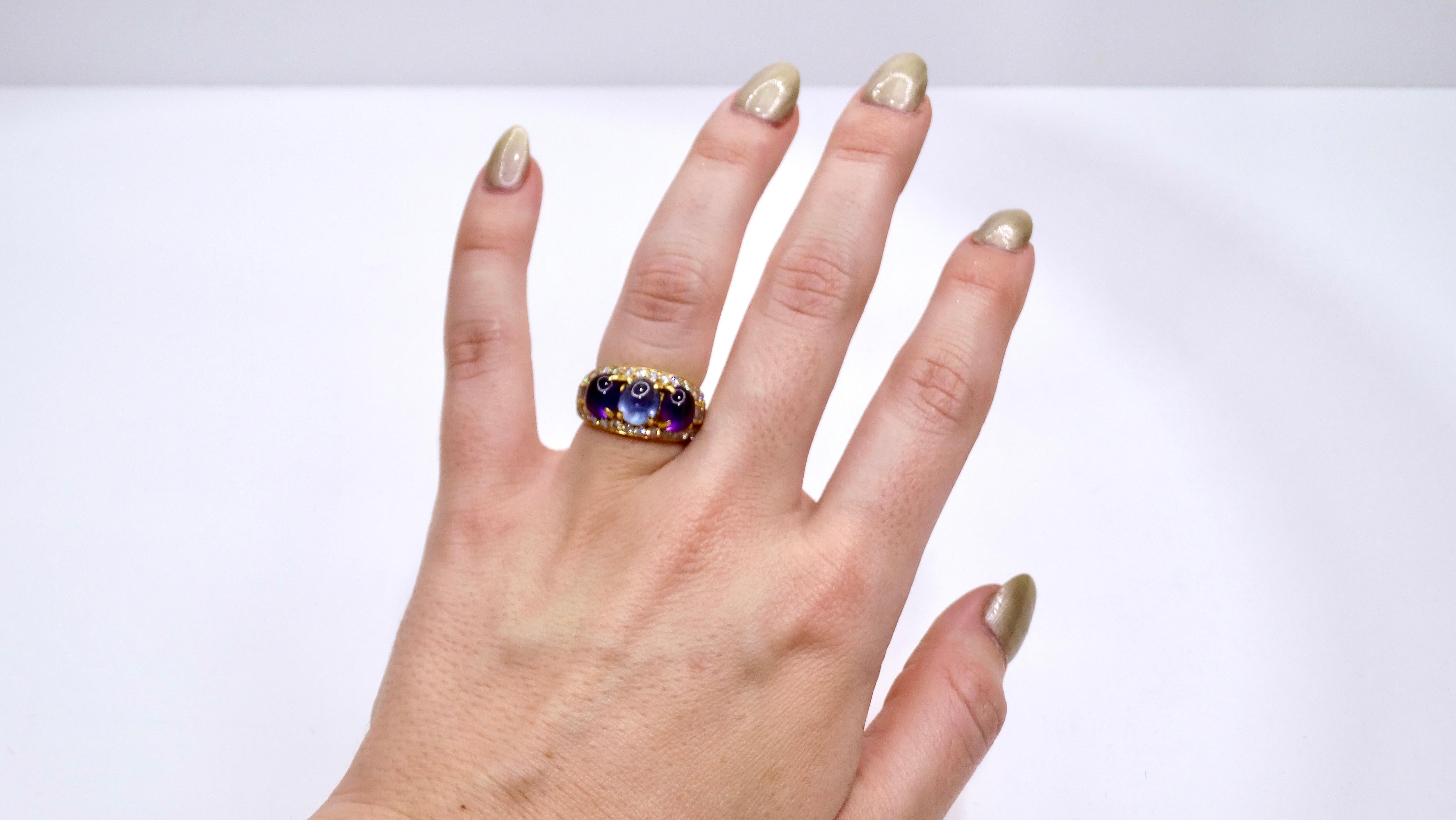 BVLGARI 18k Gold Diamond, Sapphire, and Amethyst Three-stone Ring In Good Condition In Scottsdale, AZ