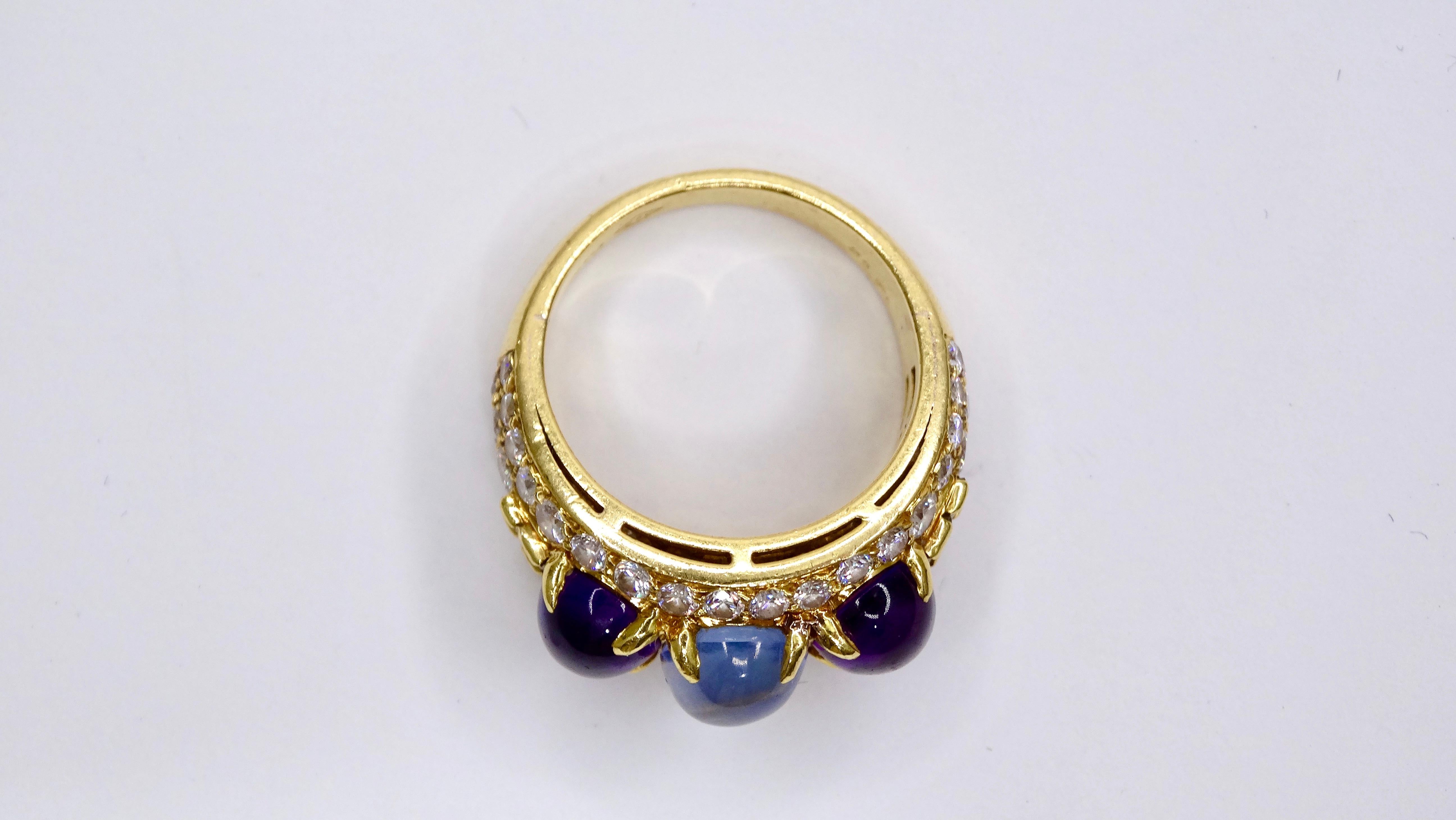 Women's or Men's BVLGARI 18k Gold Diamond, Sapphire, and Amethyst Three-stone Ring