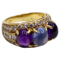 BVLGARI 18k Gold Diamond, Sapphire, and Amethyst Three-stone Ring