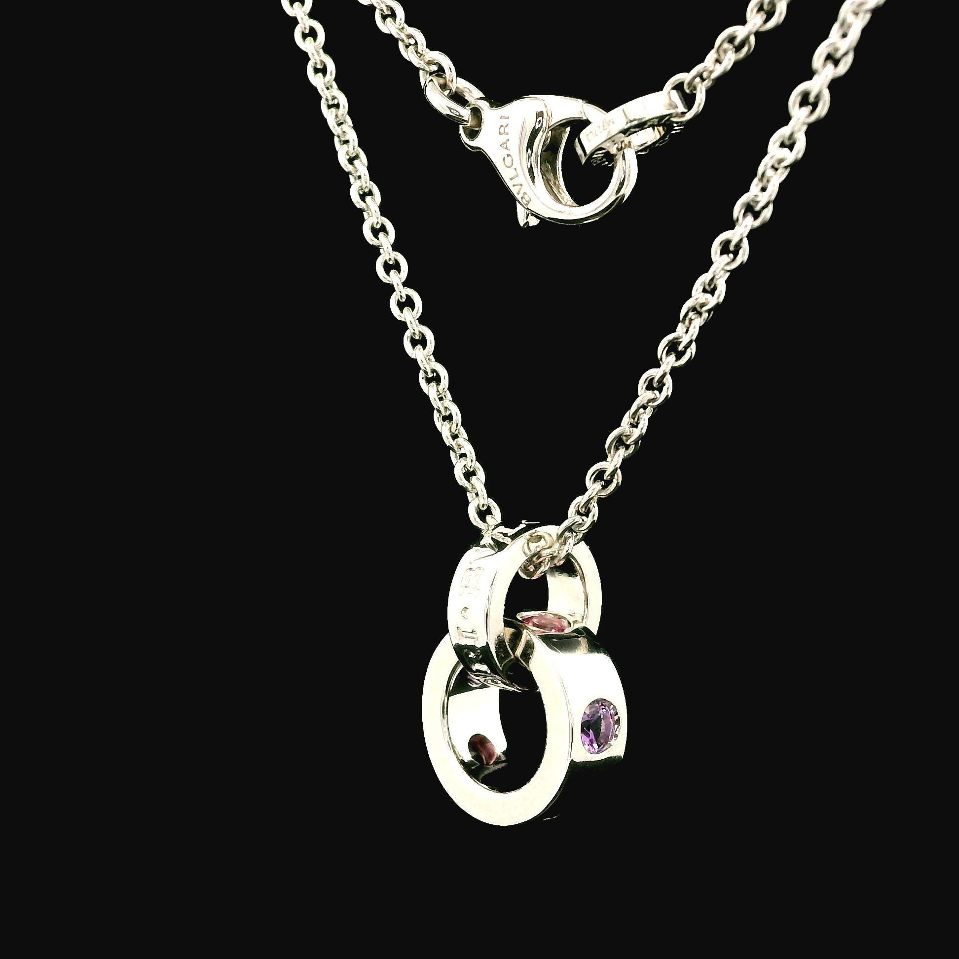 Brilliant Cut Bvlgari 18k Gold Pink Tourmaline & Amethyst Sorbet Interlocking Rings Necklace For Sale