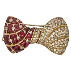 Bvlgari 18k Gold Ruby Diamond Bow Brooch