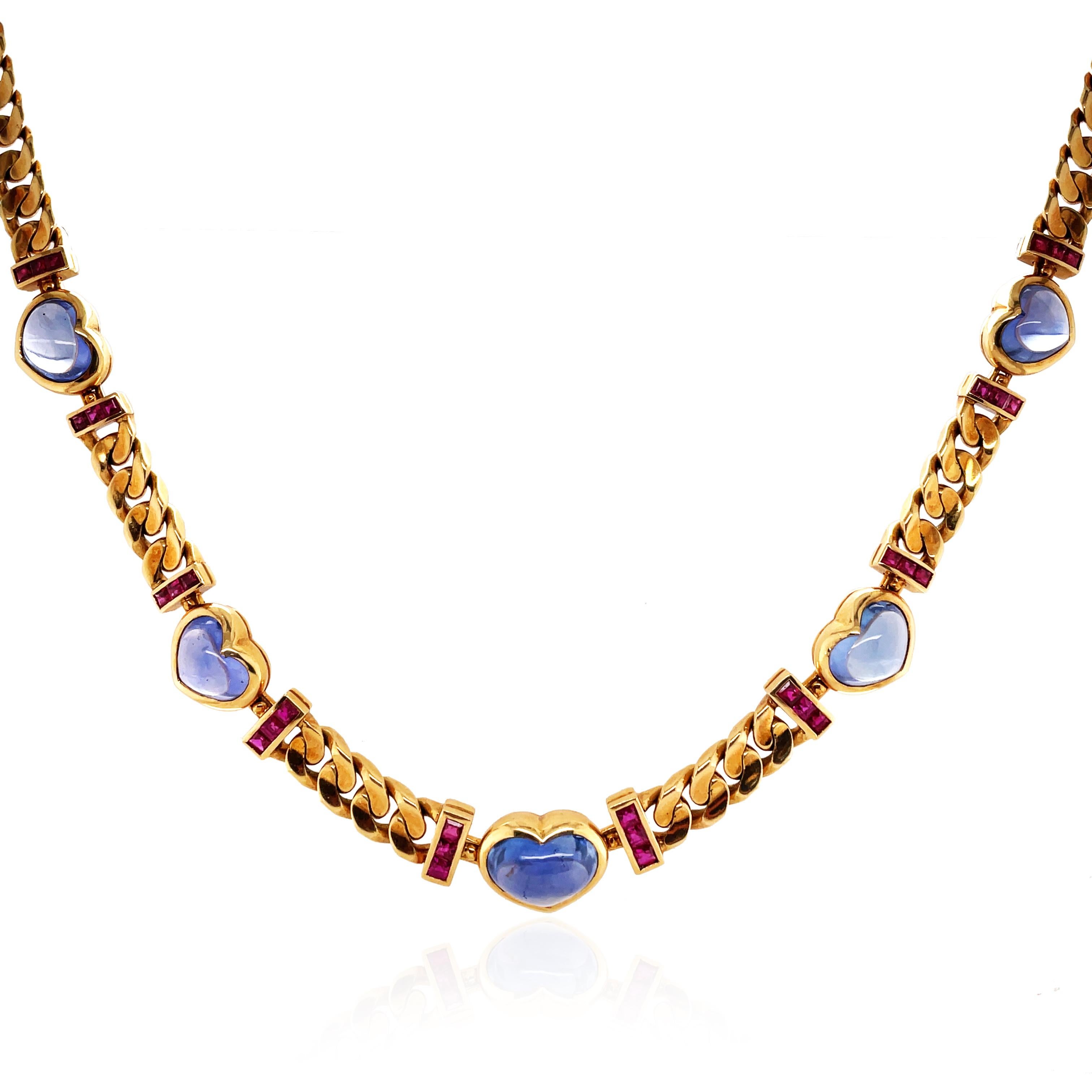 This Bvlgari necklace is finely crafted in 18k gold. It consists of 5 heart-cut sapphires and 30 baguette-cut rubies. Sapphire approx. 14.45ct in total and ruby approx. 3.2ct in total. Accompanied with a GIA certificate stating that one of the